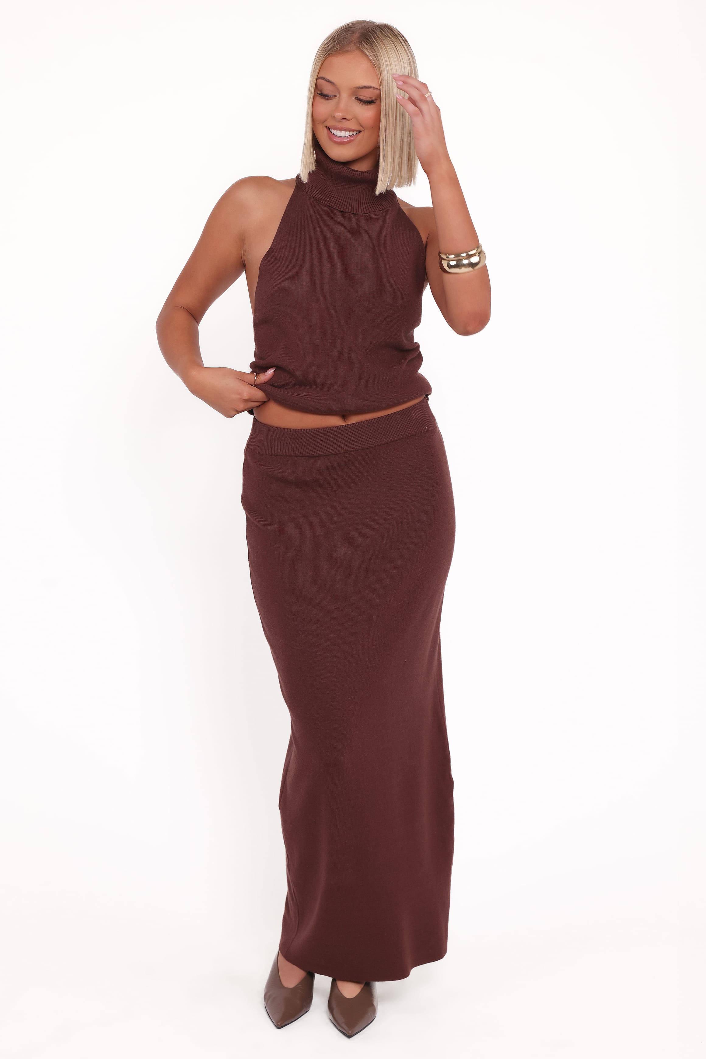 Petal and Pup USA SETS Halley Knit Halter Skirt Set - Brown