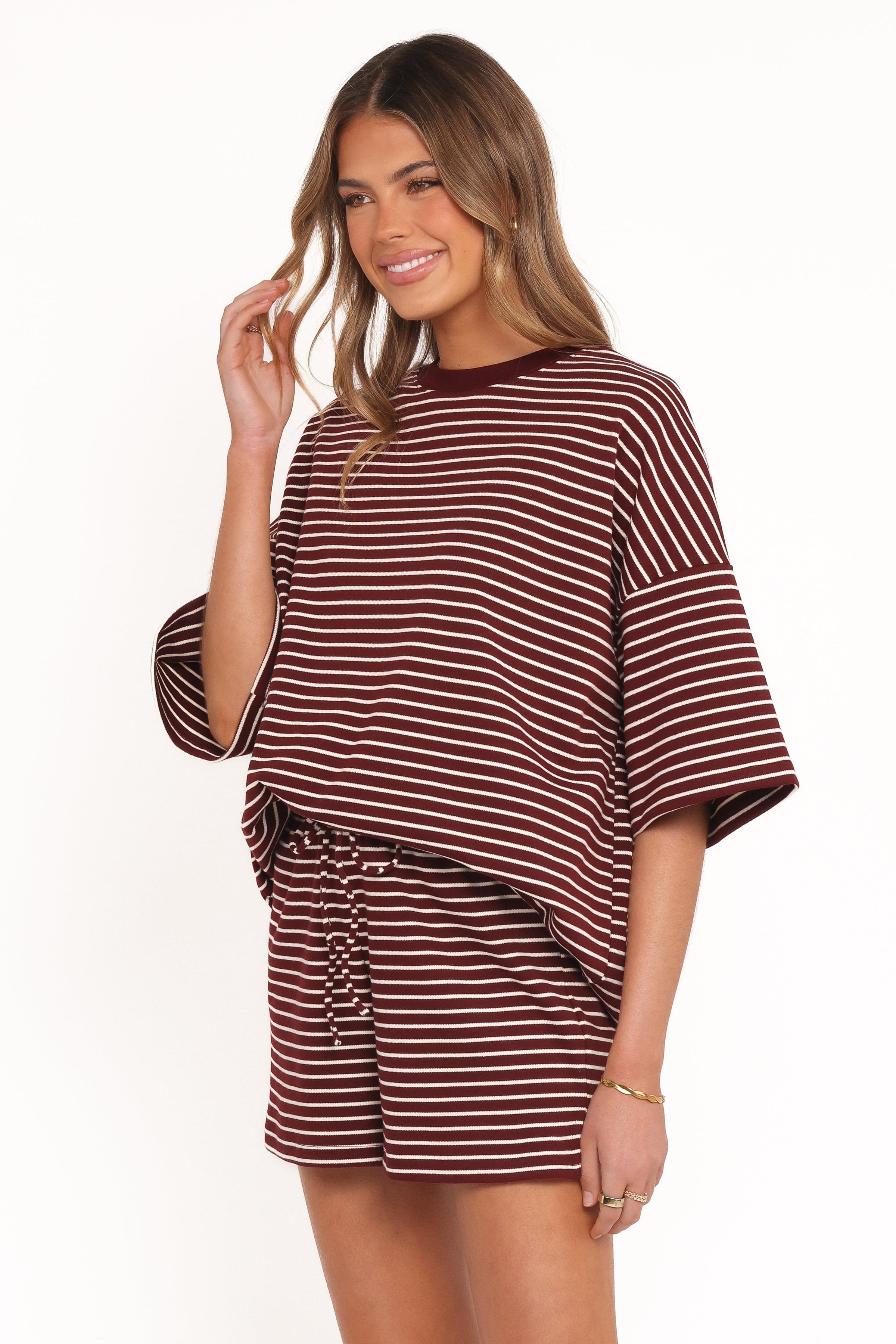Petal and Pup USA SETS Hellen Stripe Short Set - Burgundy Cream Stripe