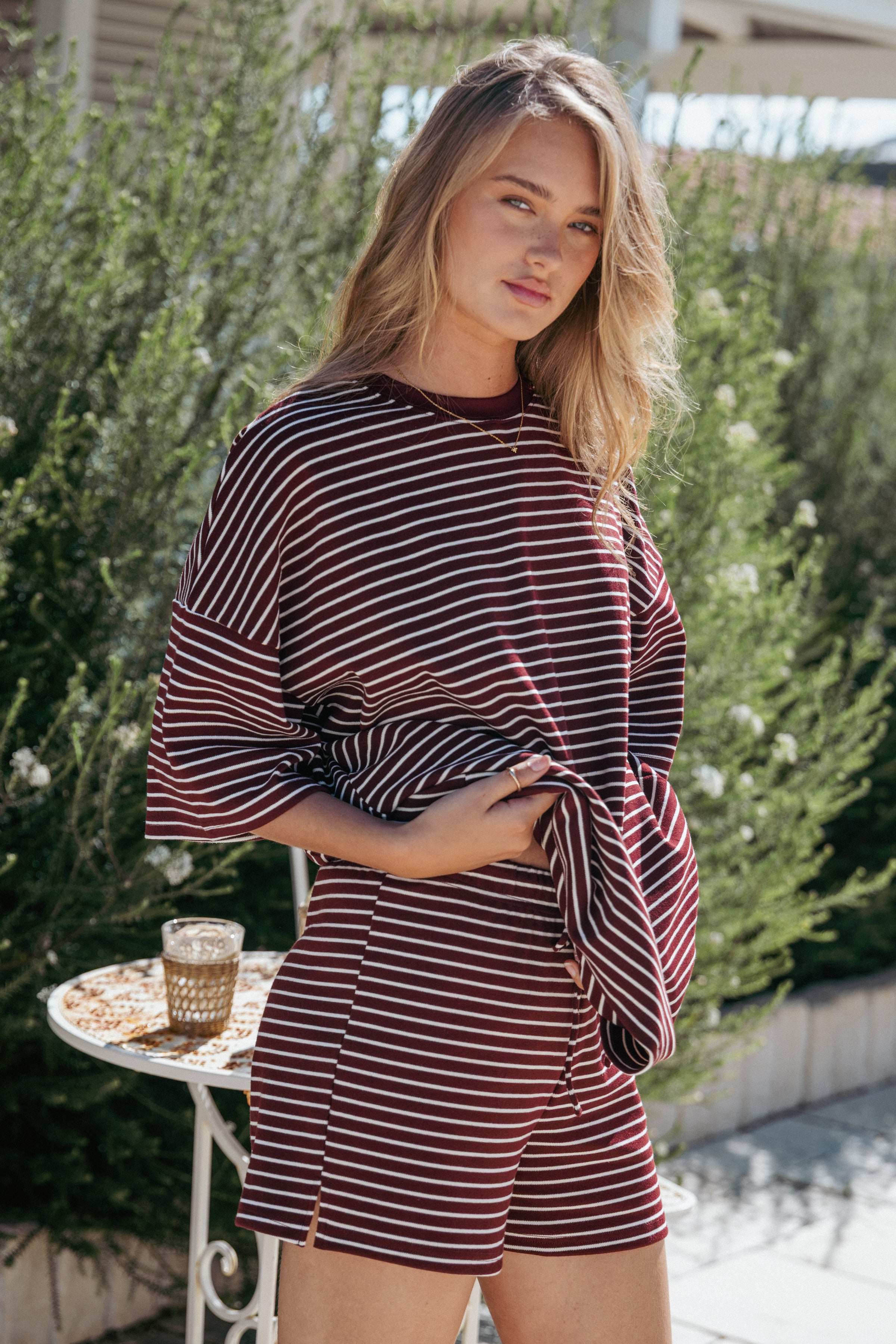Petal and Pup USA SETS Hellen Stripe Short Set - Burgundy Cream Stripe