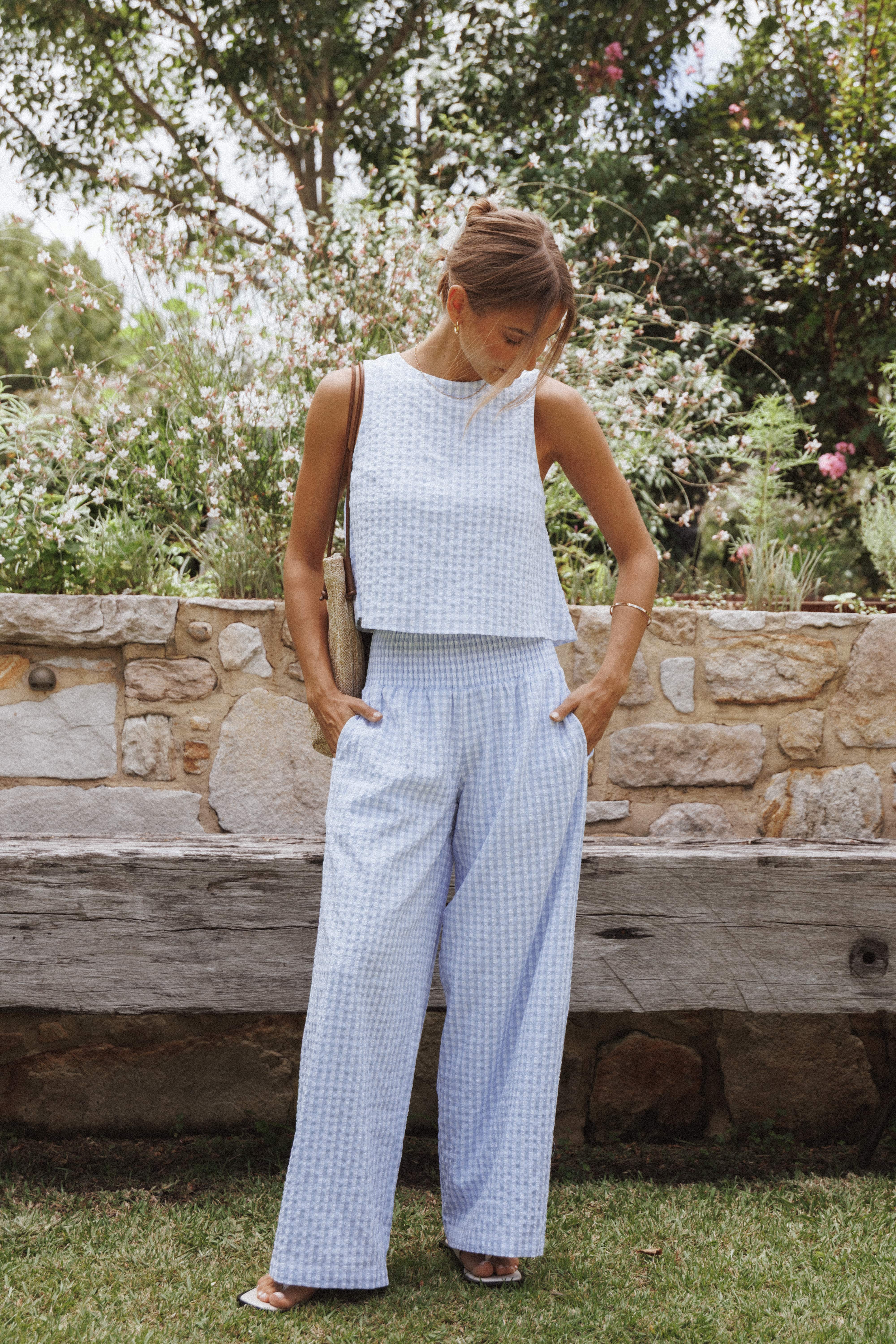 Petal and Pup USA SETS Jillian Smocked Pant Set - Blue Gingham