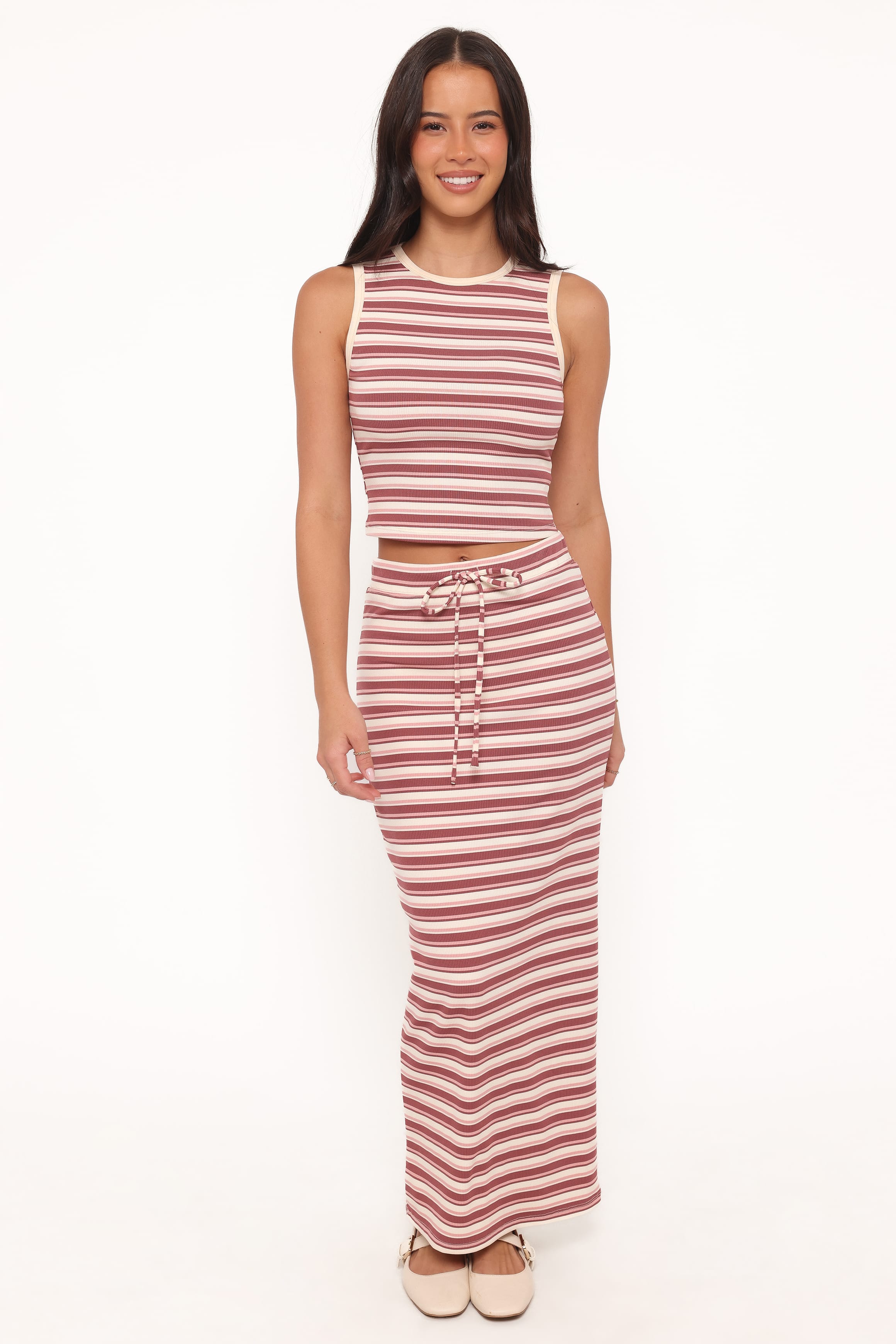Petal and Pup USA SETS Kelly Maxi Skirt Set - Burgundy/Pink Stripe