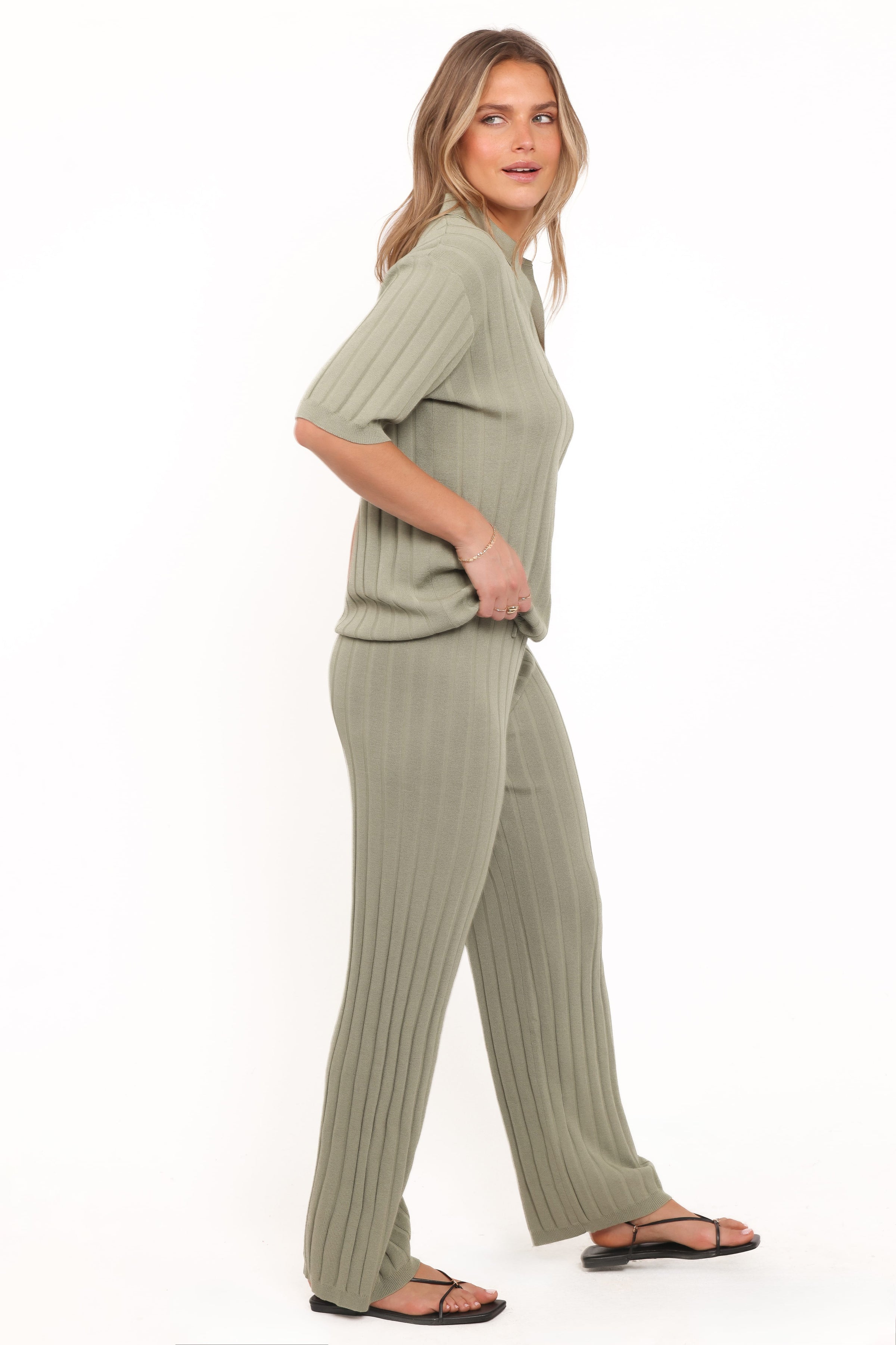 Petal and Pup USA SETS Yulissa Wide Ribbed Pant Set - Khaki Green
