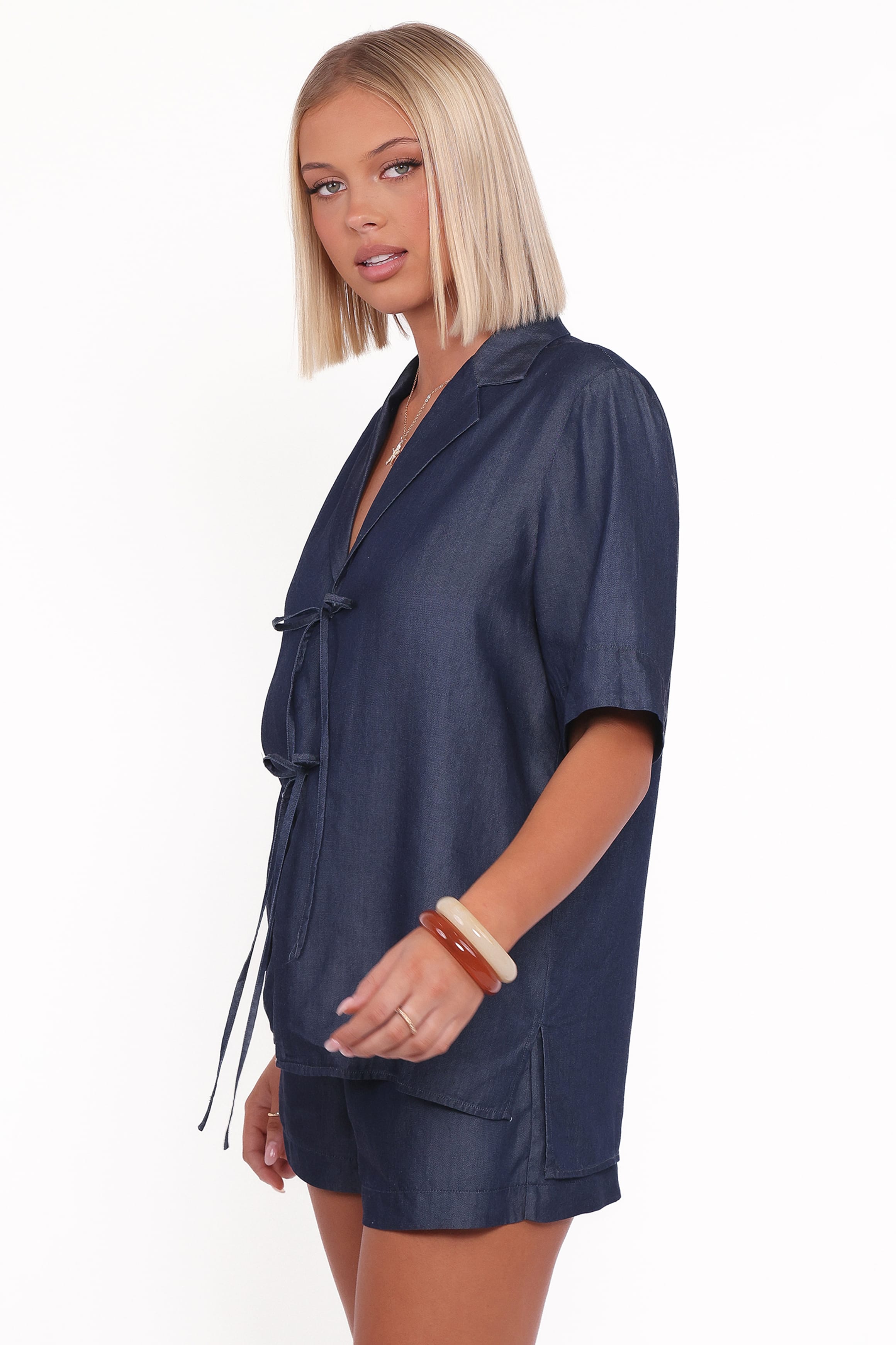 Petal and Pup USA TOPS Aaliyah Chambray Tie Front Top - Dark Wash