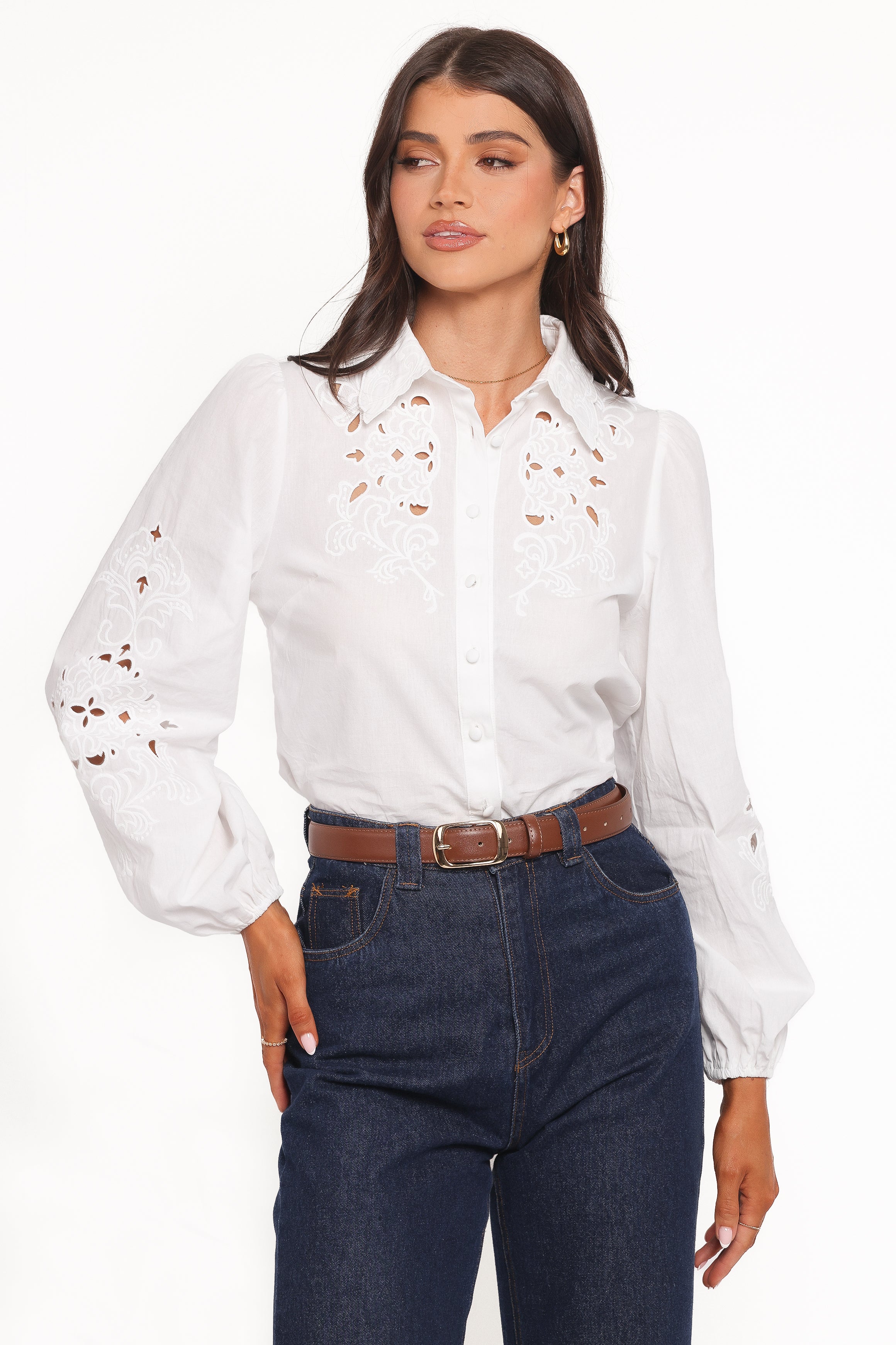 Petal and Pup USA TOPS Aeloria Button Front Shirt - White Embroidery