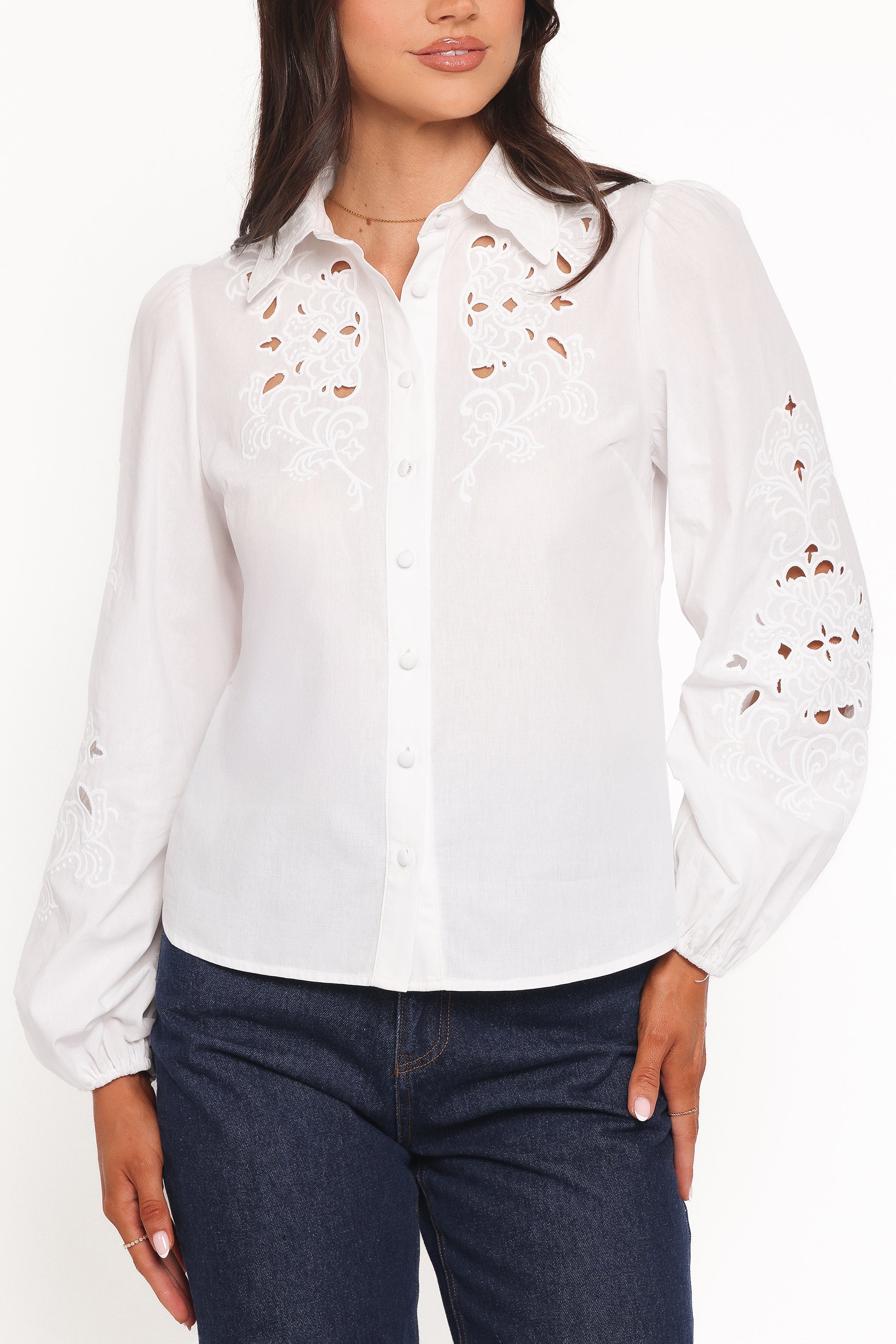 Petal and Pup USA TOPS Aeloria Button Front Shirt - White Embroidery