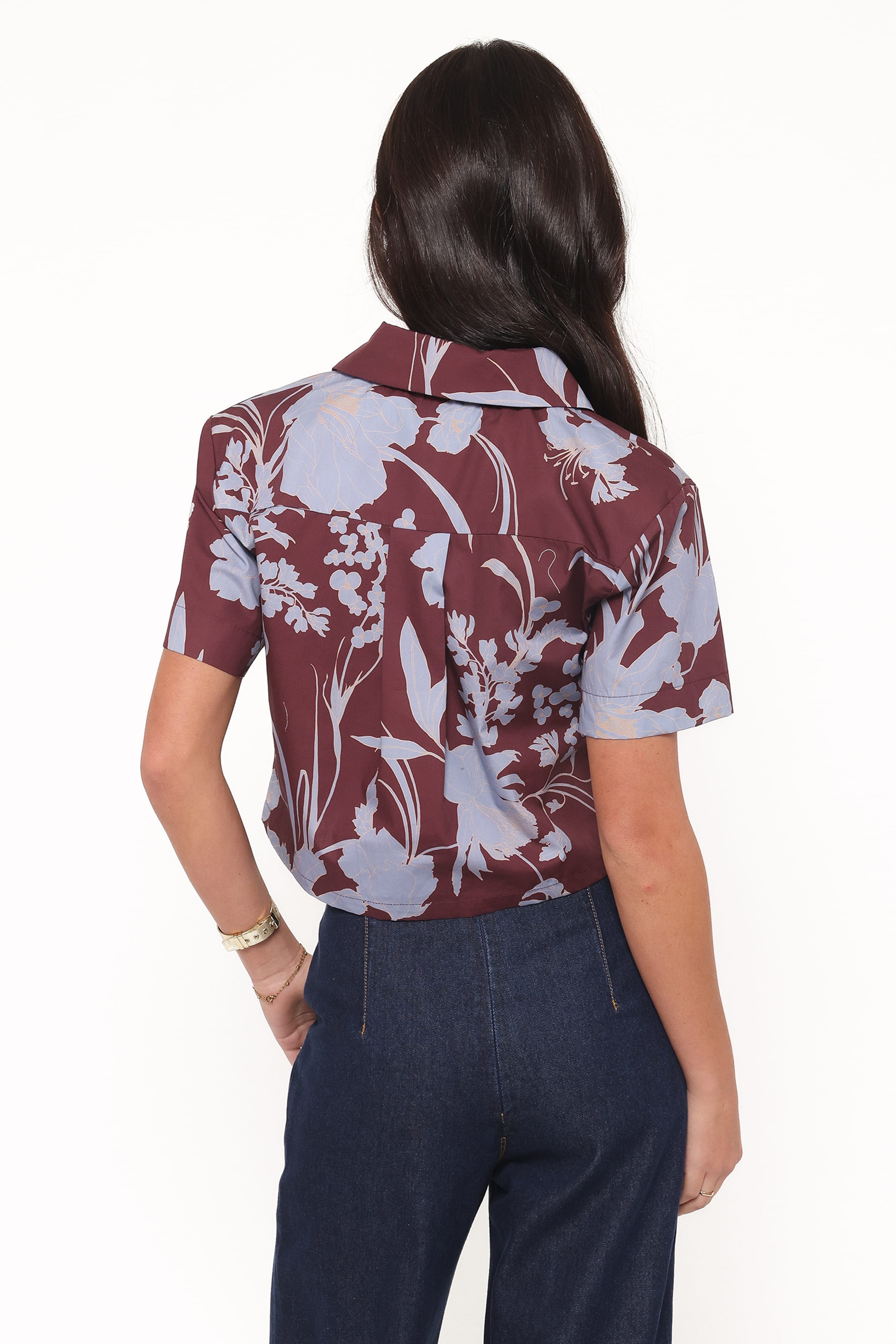 Petal and Pup USA TOPS Aine Cropped Short Sleeve Shirt - Burgundy Floral