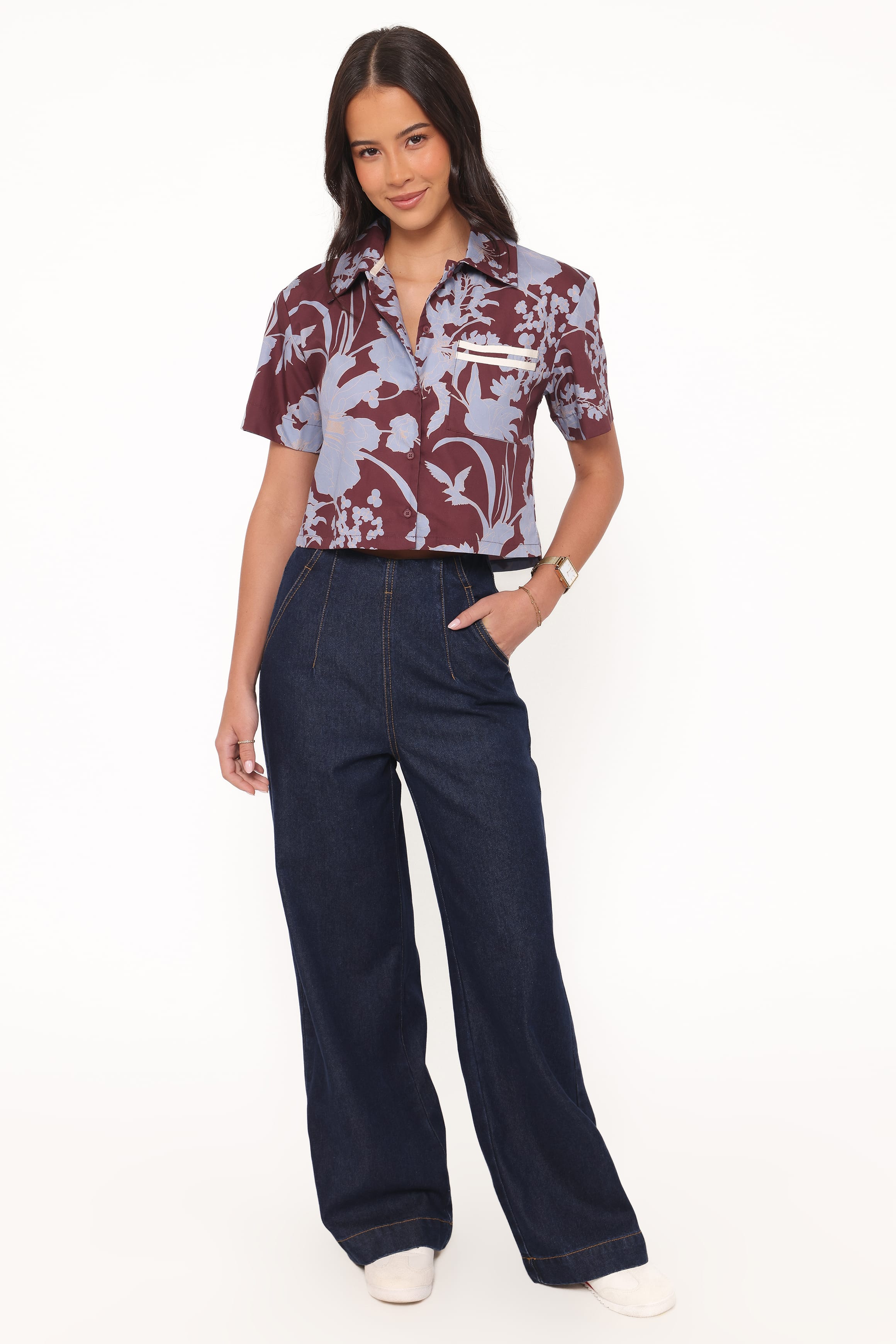 Petal and Pup USA TOPS Aine Cropped Short Sleeve Shirt - Burgundy Floral