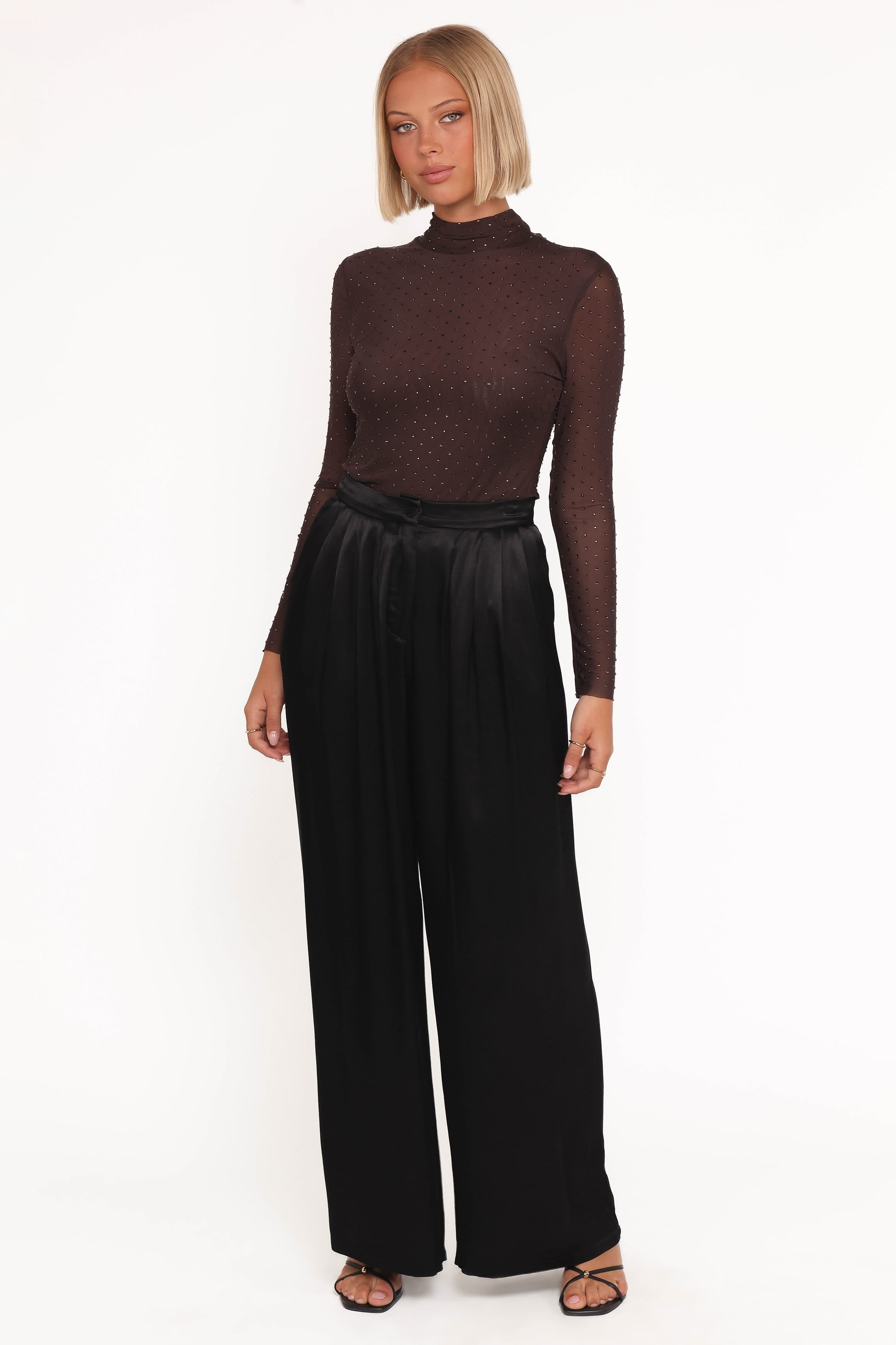 Petal and Pup USA TOPS Alejandra Embellished Mesh Top - Dark Chocolate