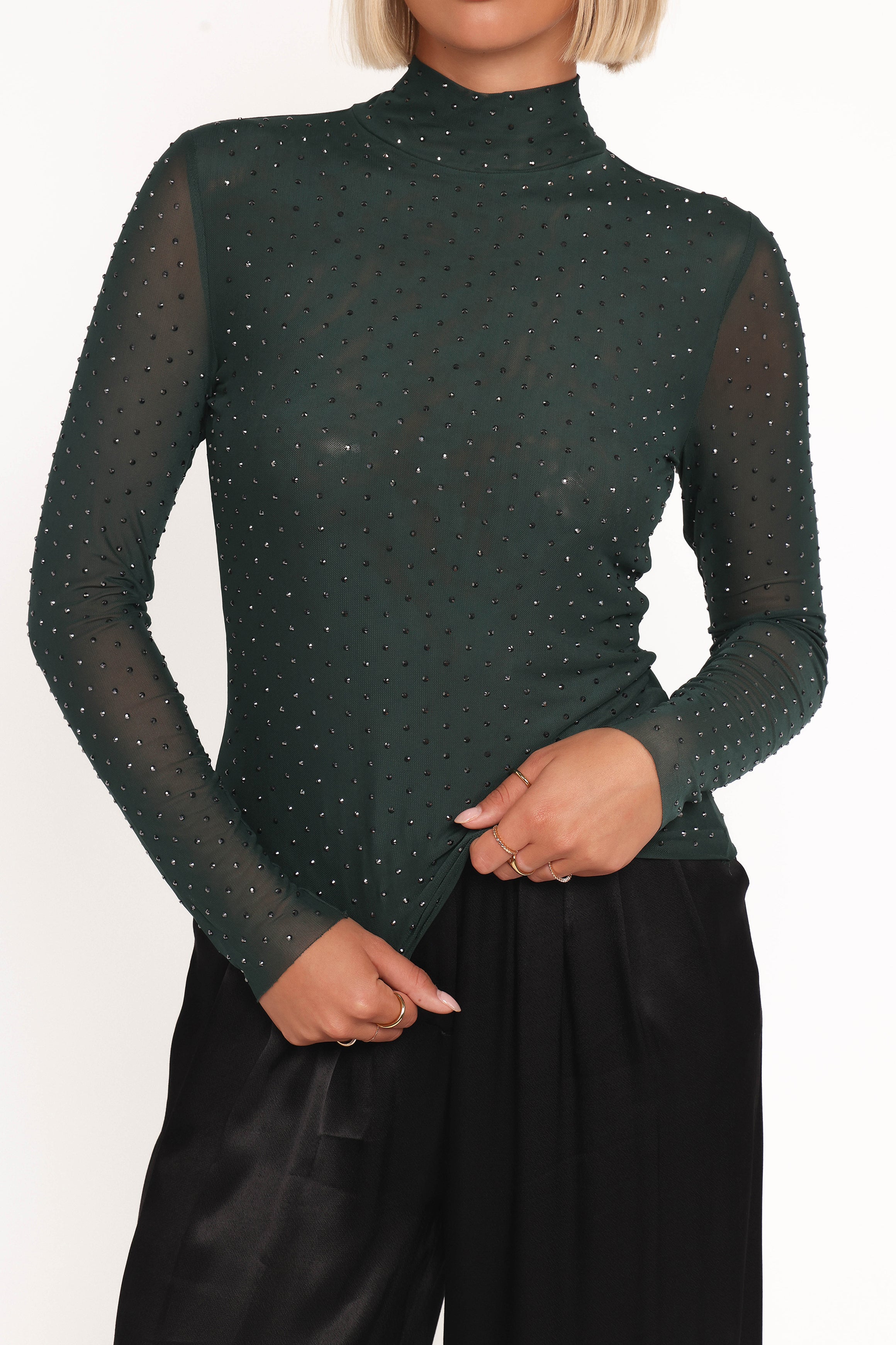 Petal and Pup USA TOPS Alejandra Embellished Mesh Top - Hunter Green