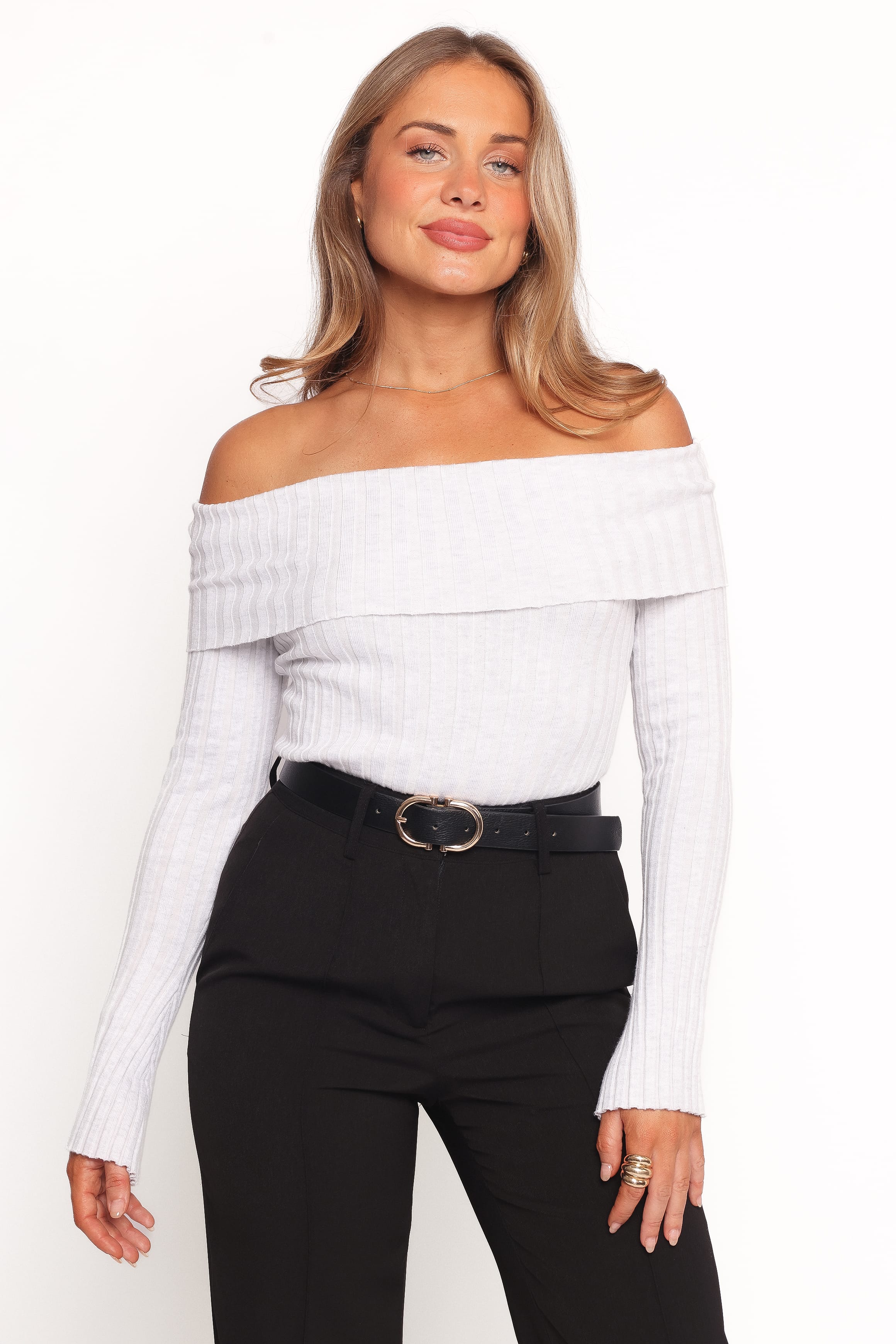 Petal and Pup USA TOPS Anderson Wide Rib Off Shoulder Top - Pastel Grey