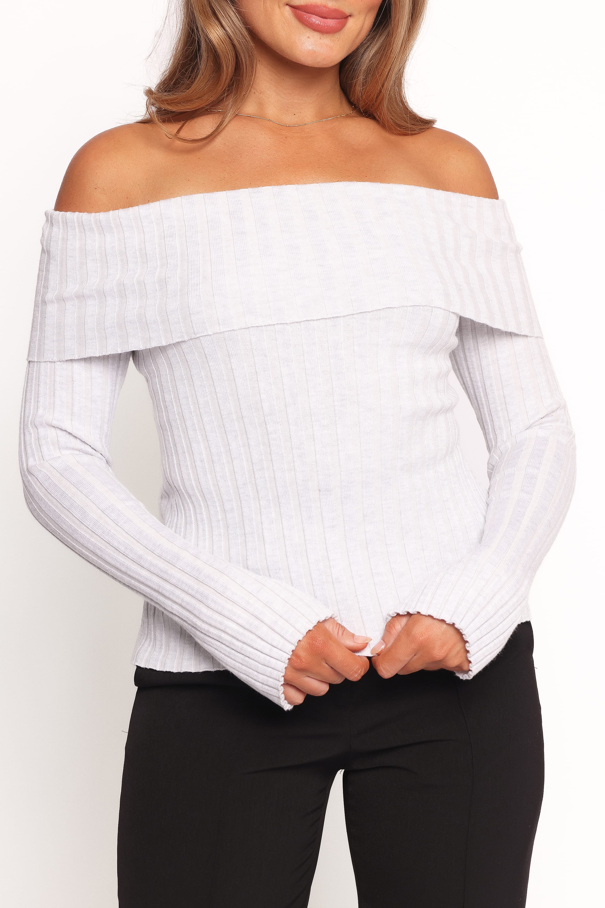 Petal and Pup USA TOPS Anderson Wide Rib Off Shoulder Top - Pastel Grey