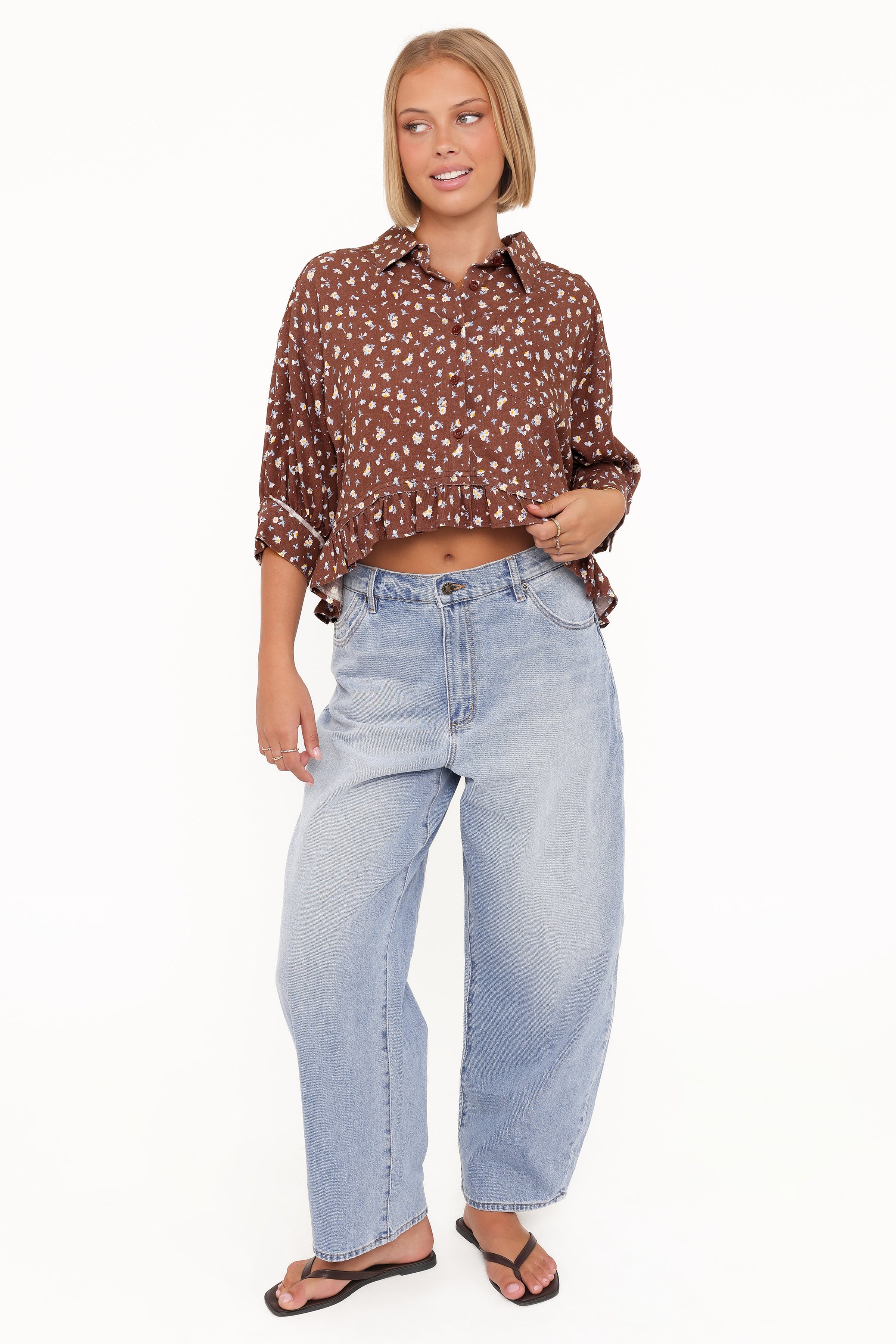 Petal and Pup USA TOPS Ashe Cropped Button Up Top - Brown Floral