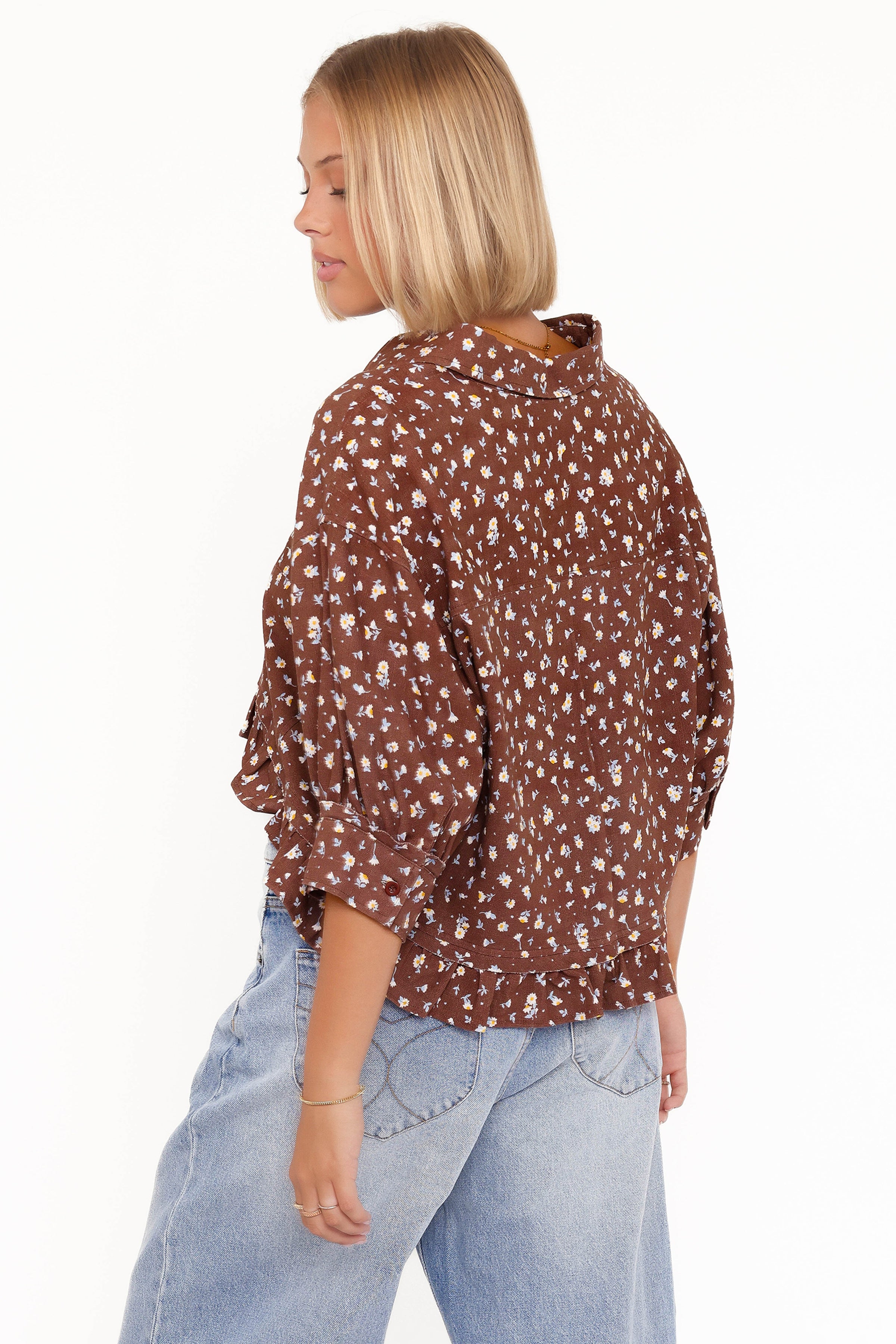 Petal and Pup USA TOPS Ashe Cropped Button Up Top - Brown Floral
