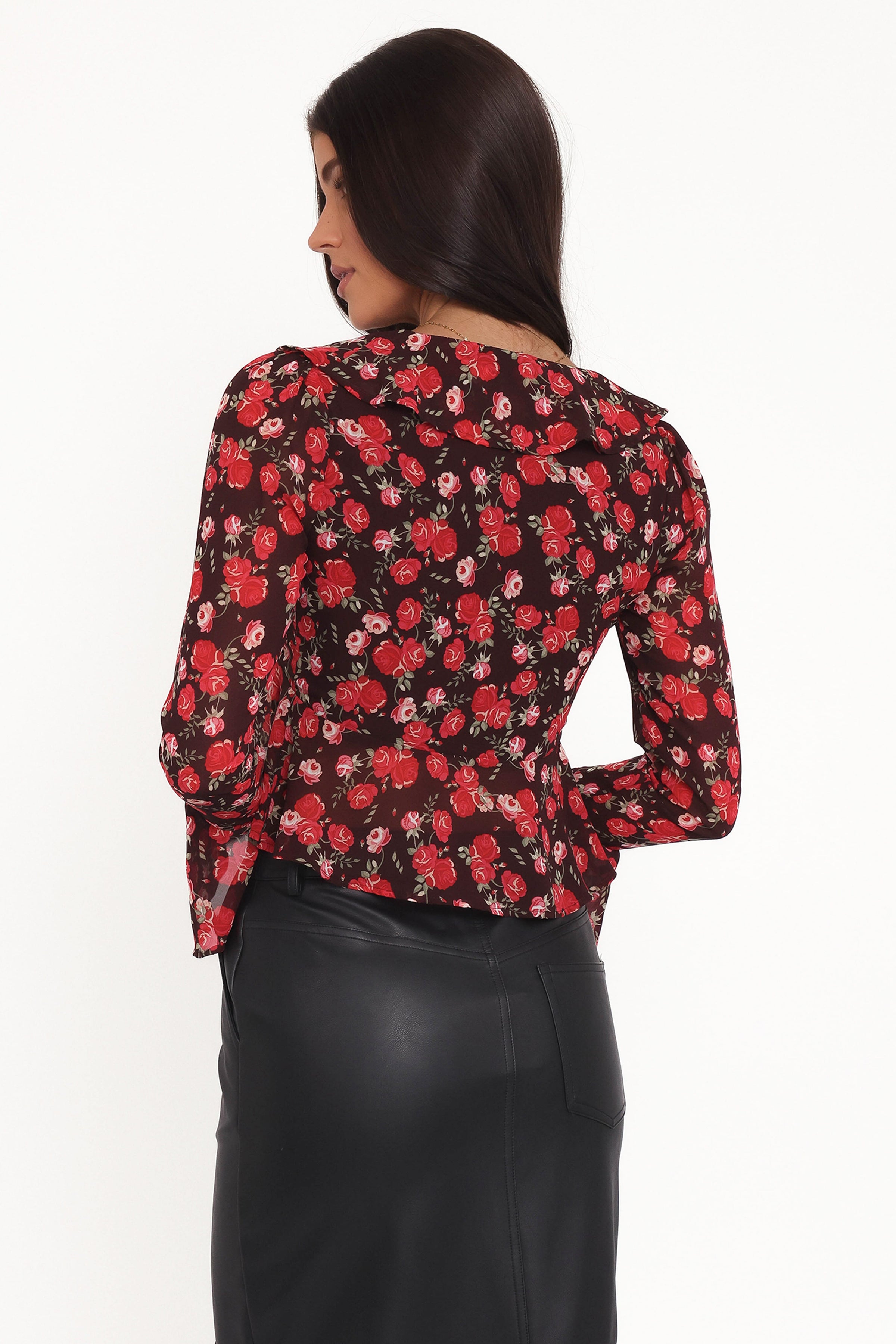 Petal and Pup USA TOPS Aveline Chiffon Ruffle Front Top - Brown Floral