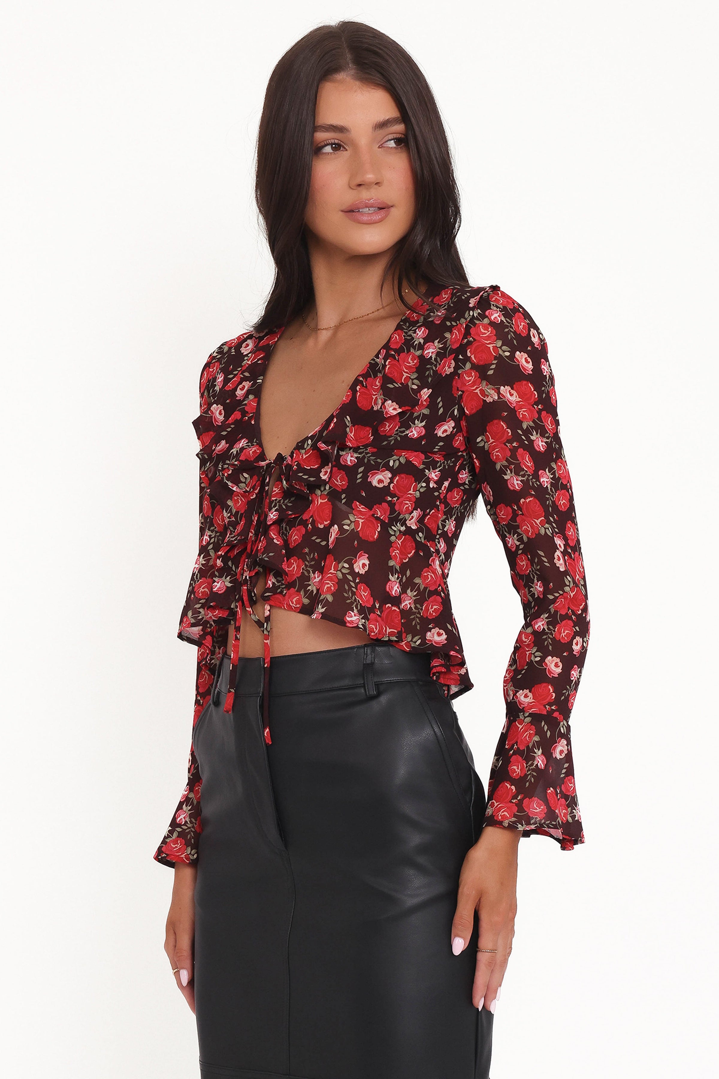 Petal and Pup USA TOPS Aveline Chiffon Ruffle Front Top - Brown Floral