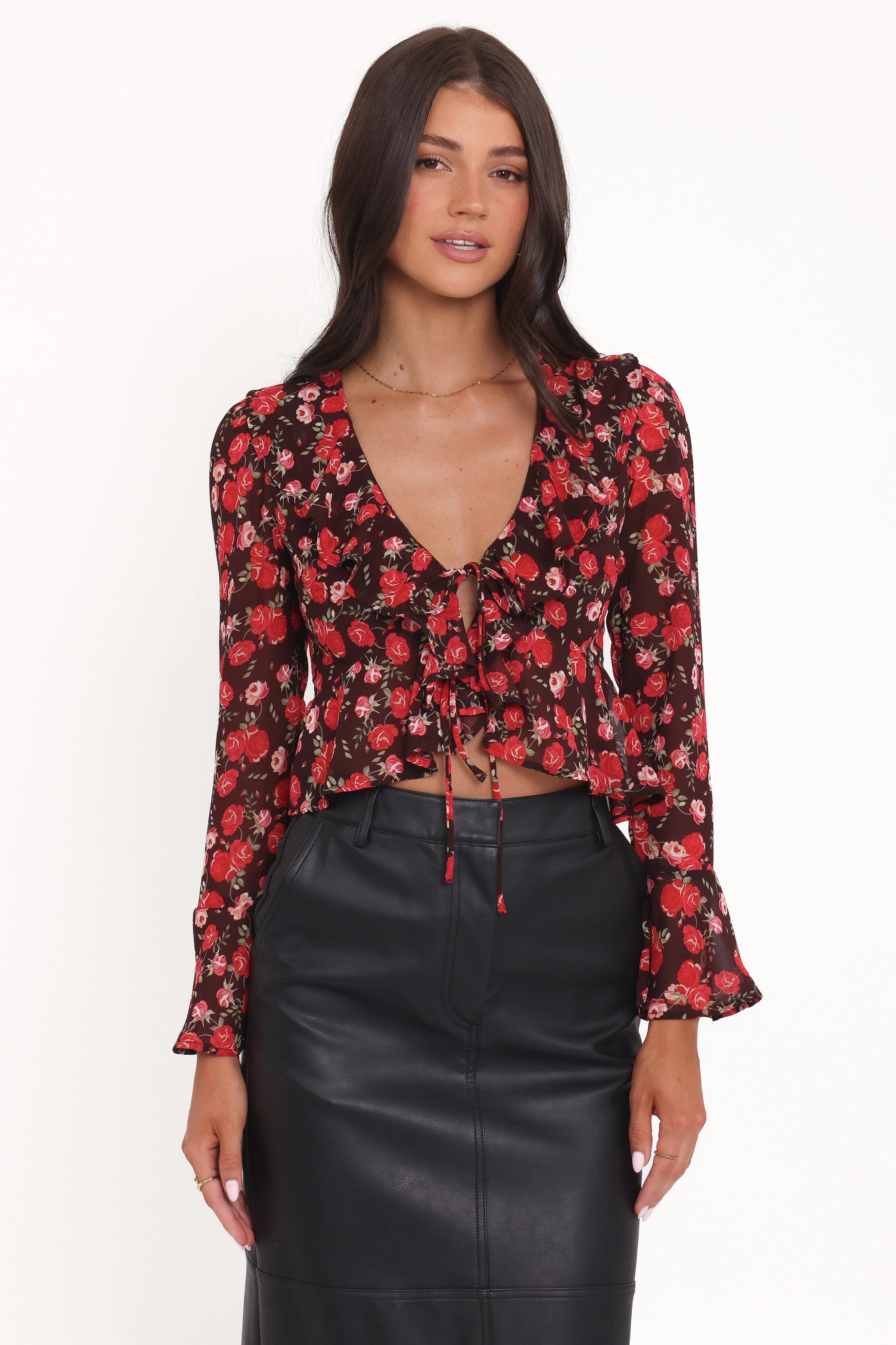 Petal and Pup USA TOPS Aveline Chiffon Ruffle Front Top - Brown Floral