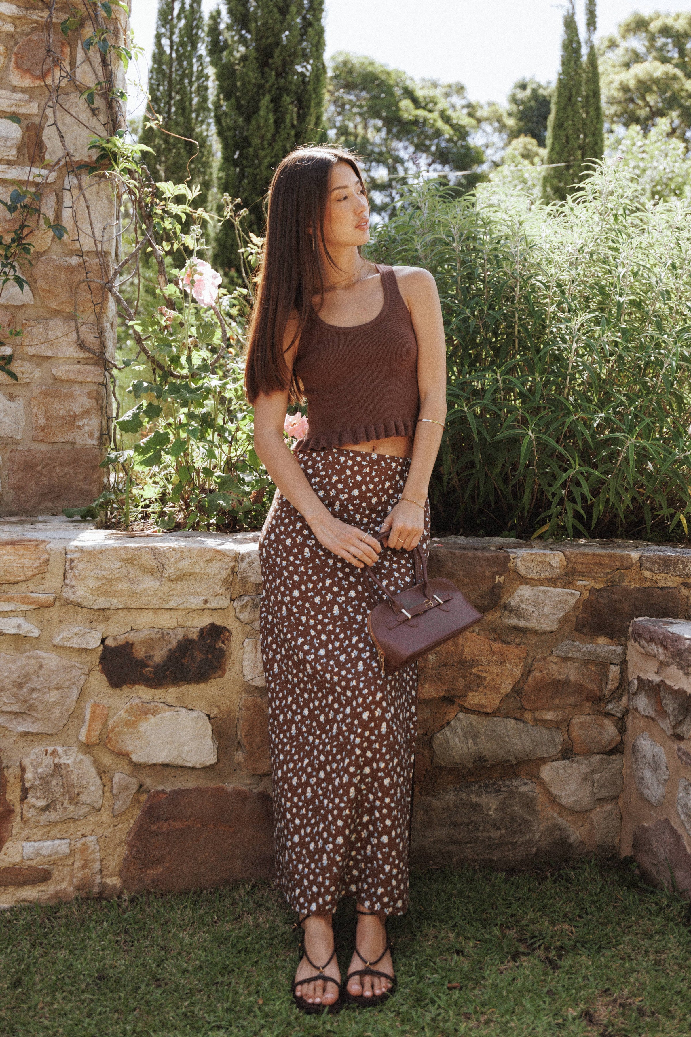 Petal and Pup USA TOPS Berenice Ruffle Hem Knitted Top - Brown