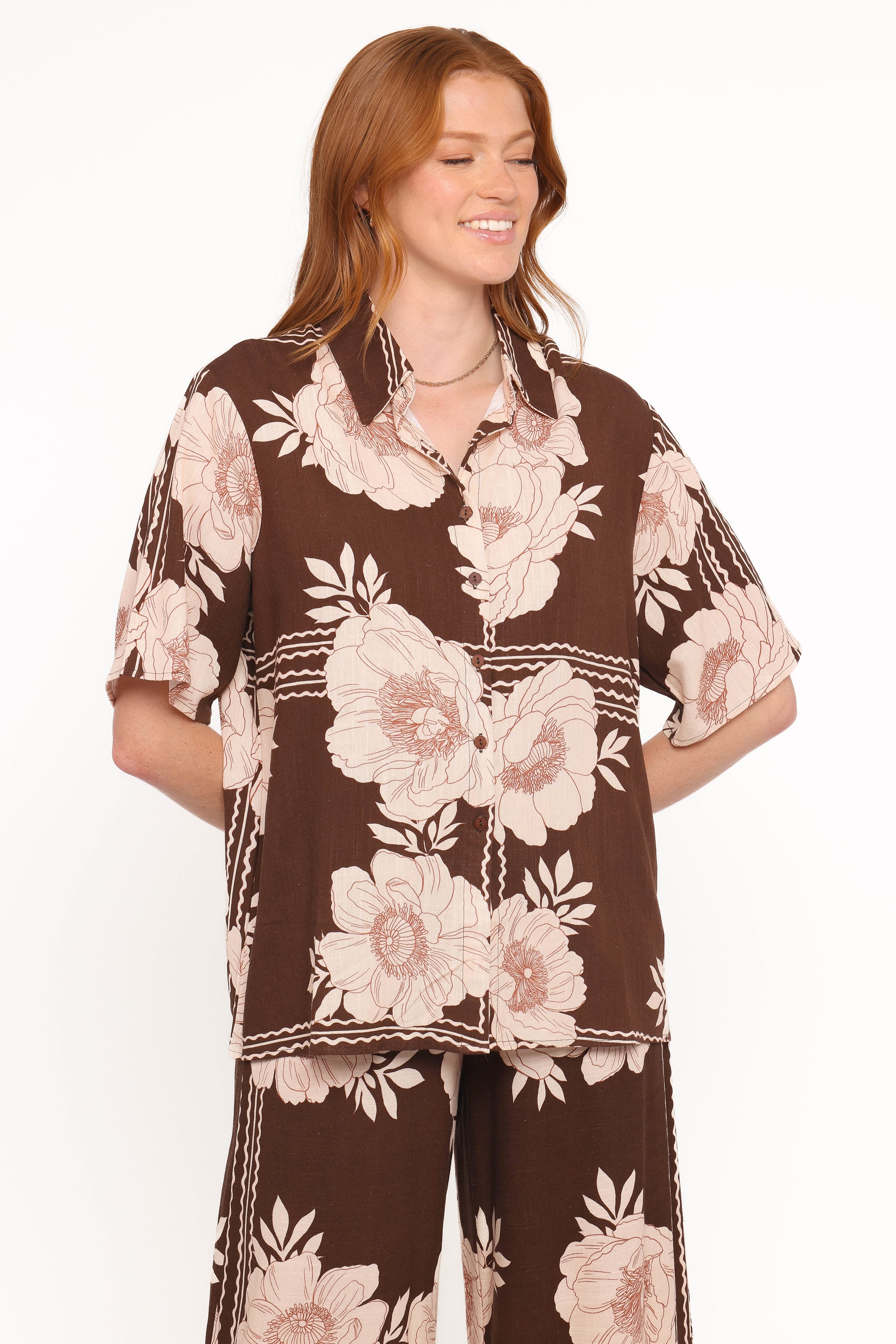Petal and Pup USA TOPS Bernadine Short Sleeve Shirt - Brown Floral
