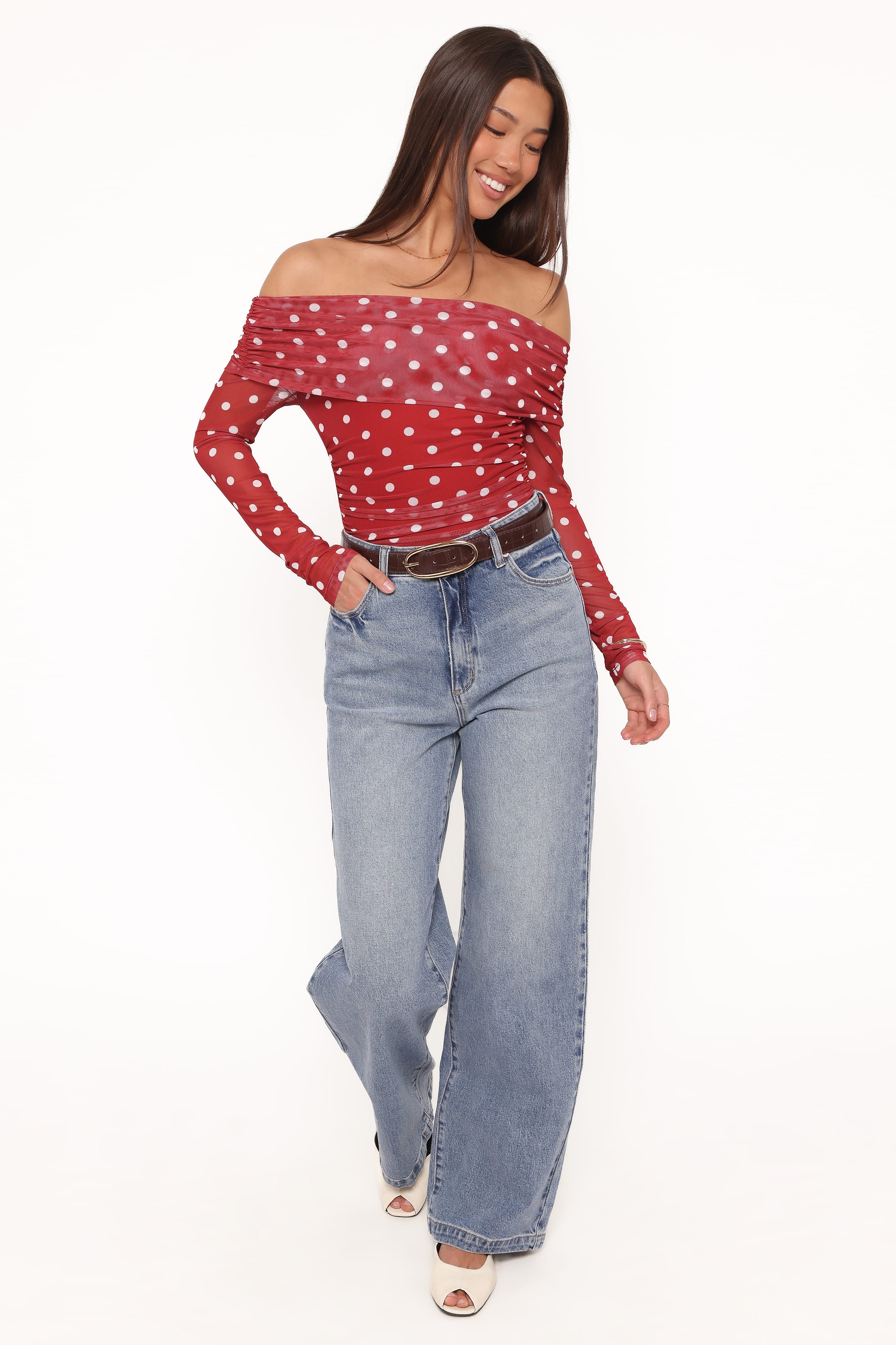 Petal and Pup USA TOPS Caelira Off Shoulder Top - Red Polka Dot