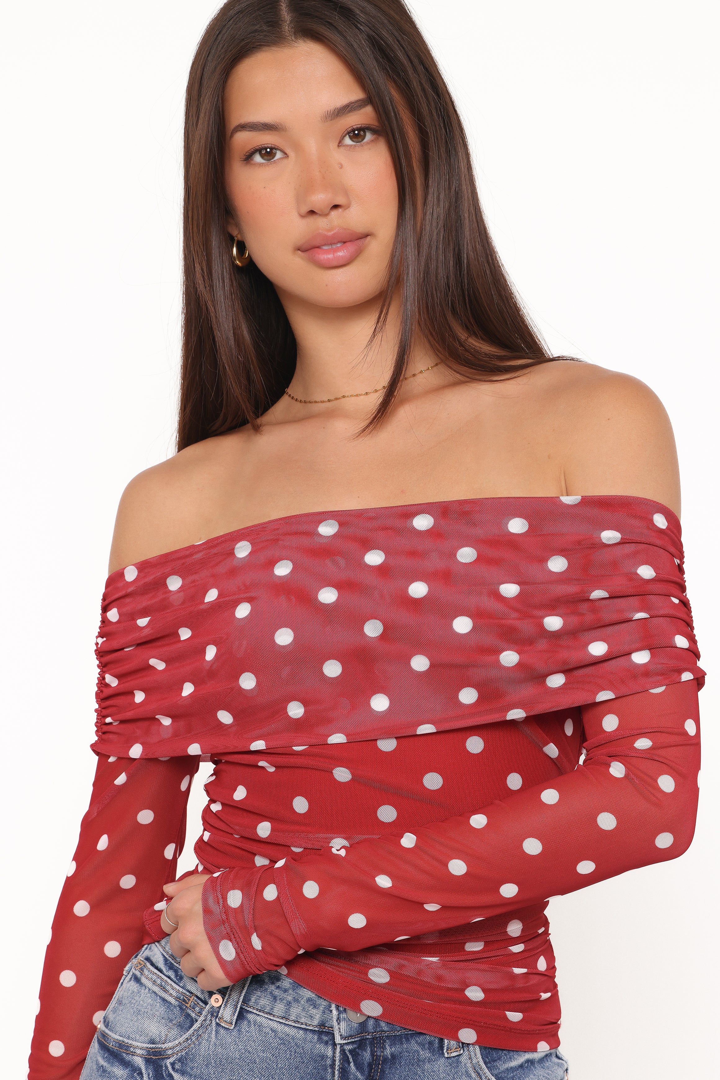Petal and Pup USA TOPS Caelira Off Shoulder Top - Red Polka Dot