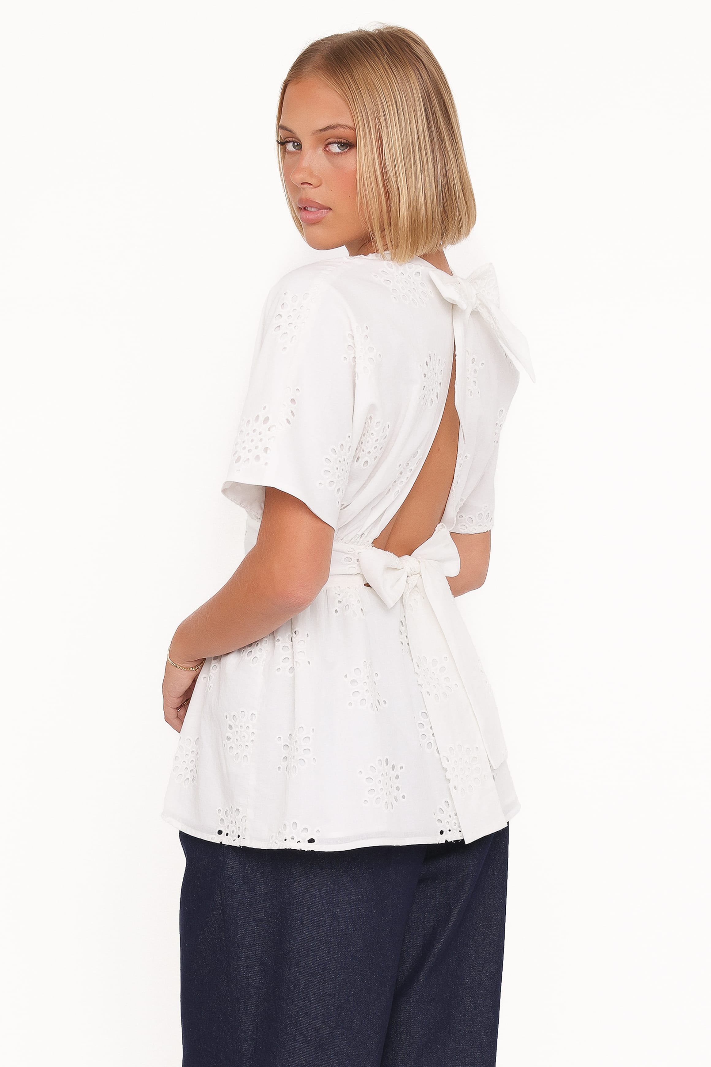 Petal and Pup USA TOPS Carmel Tie Back Tunic Top - White Embroidery