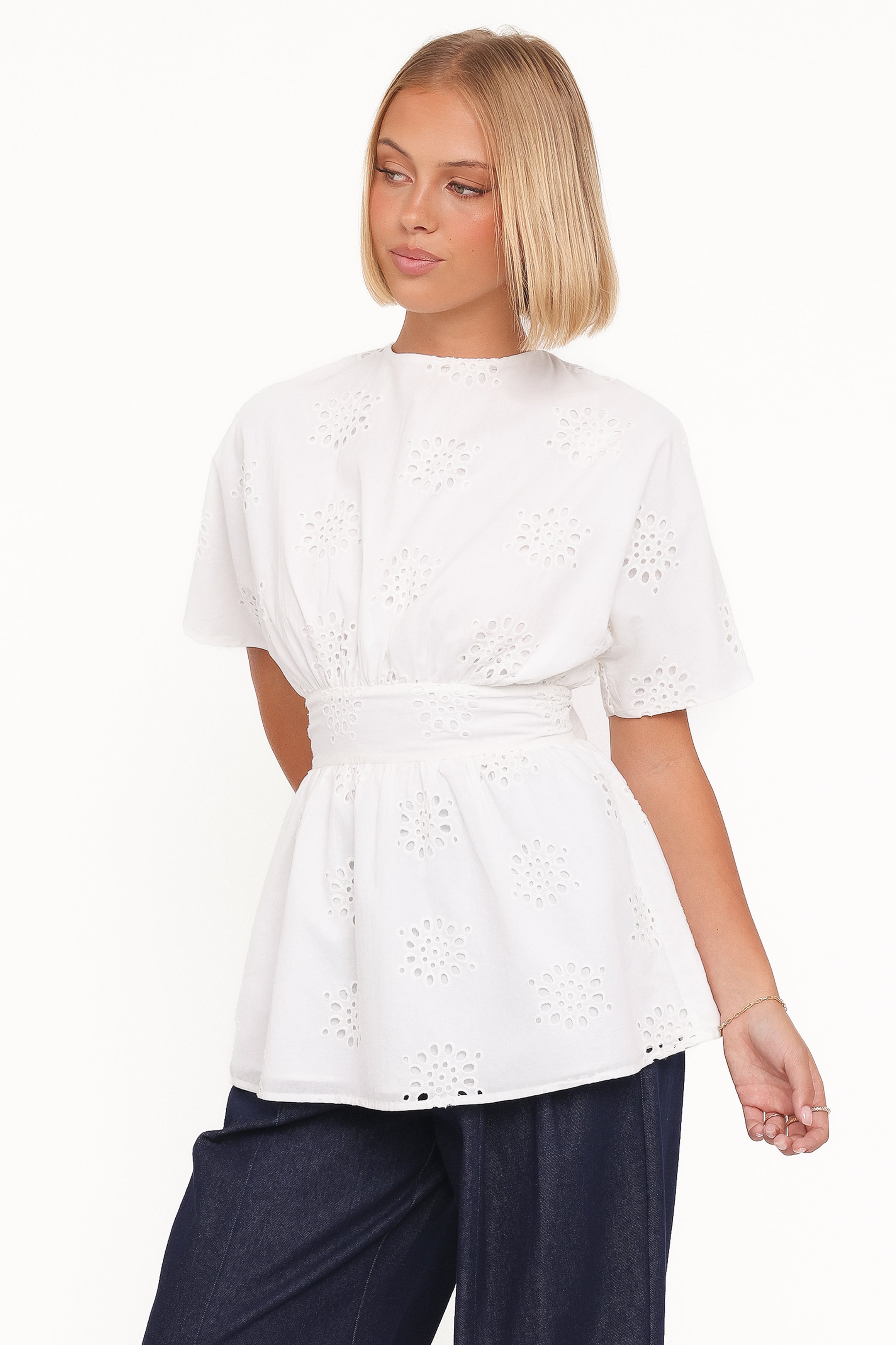 Petal and Pup USA TOPS Carmel Tie Back Tunic Top - White Embroidery