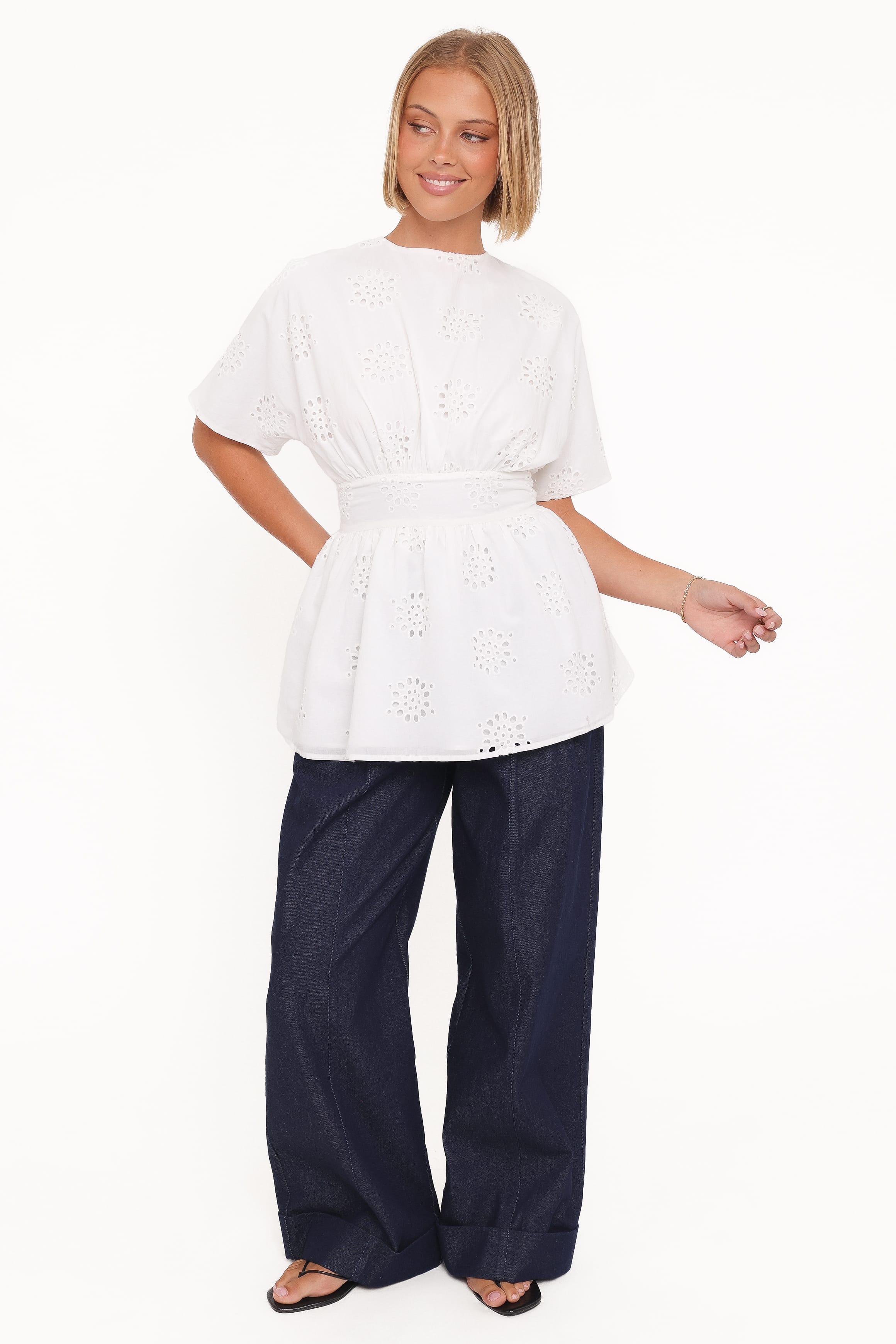 Petal and Pup USA TOPS Carmel Tie Back Tunic Top - White Embroidery