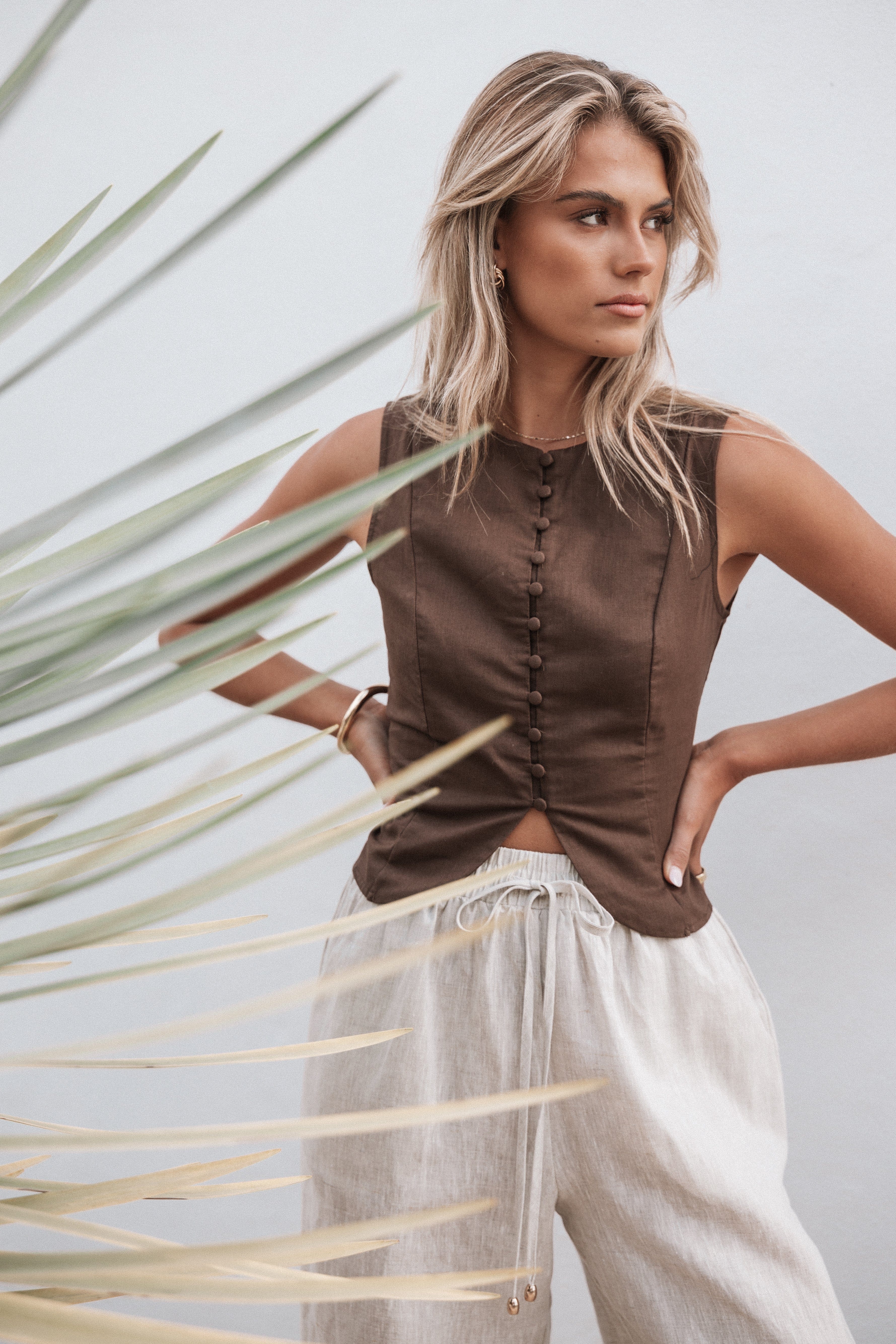 Petal and Pup USA TOPS Daniella Linen Vest - Chocolate Brown
