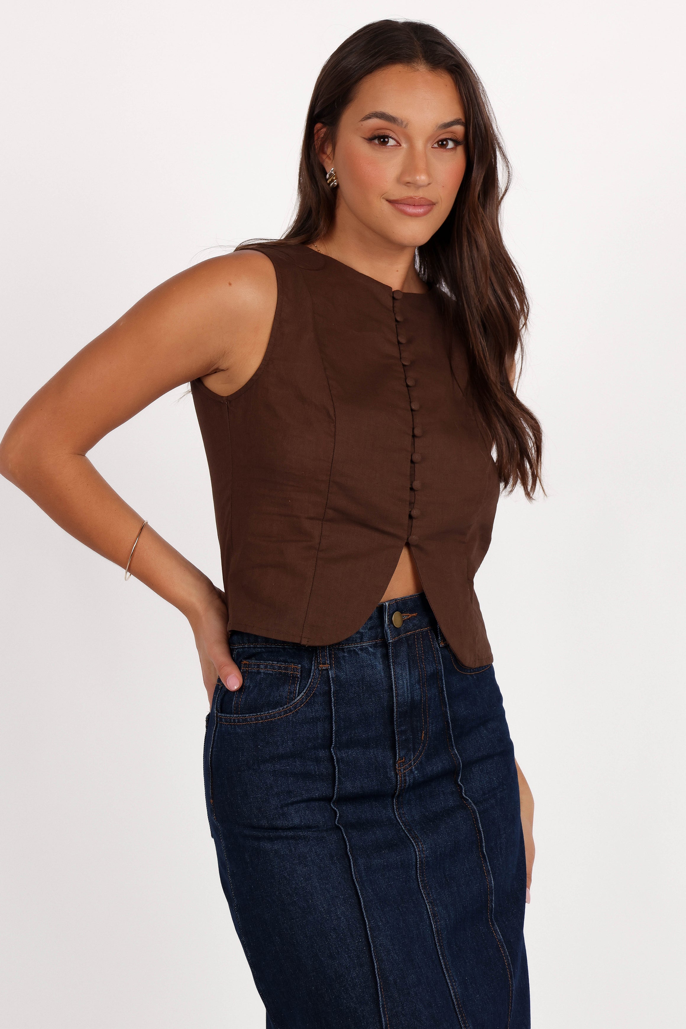 Petal and Pup USA TOPS Daniella Linen Vest - Chocolate Brown