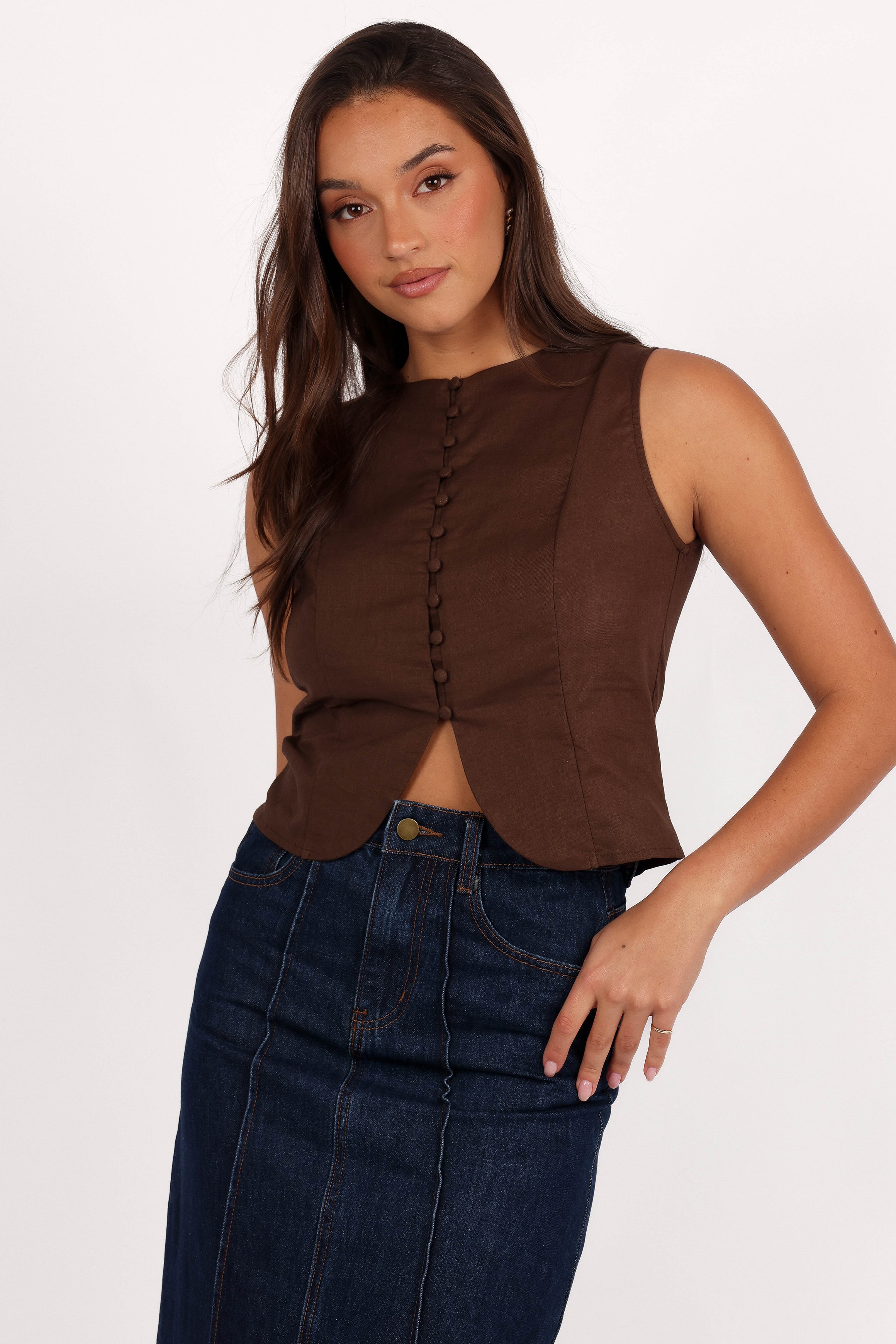 Petal and Pup USA TOPS Daniella Linen Vest - Chocolate Brown