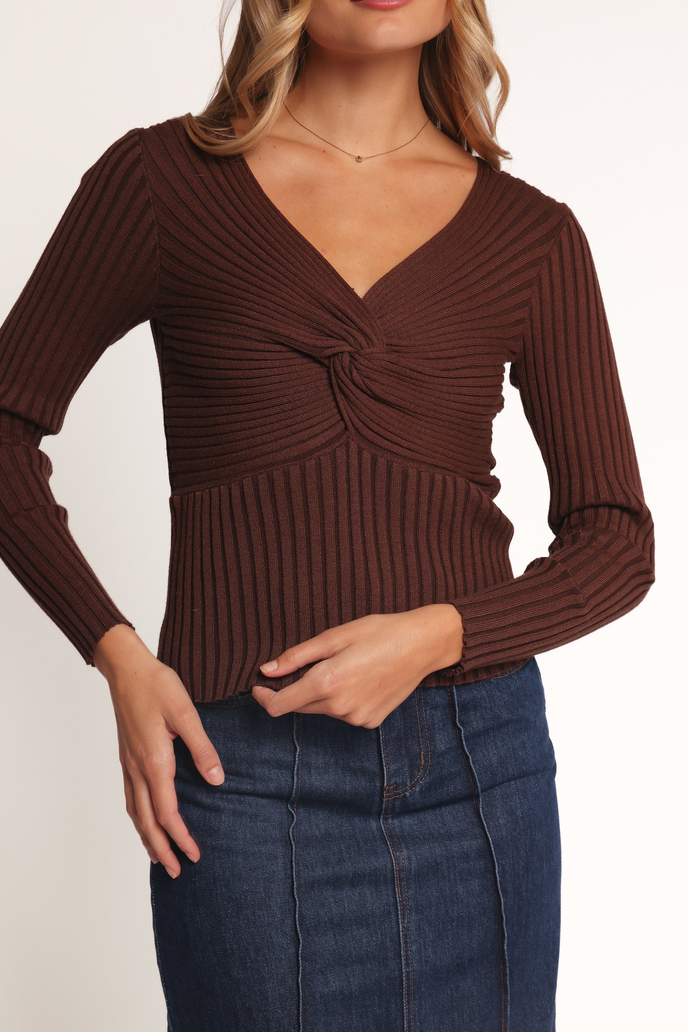 Petal and Pup USA TOPS Demi Twist Detail Knit Top - Brown