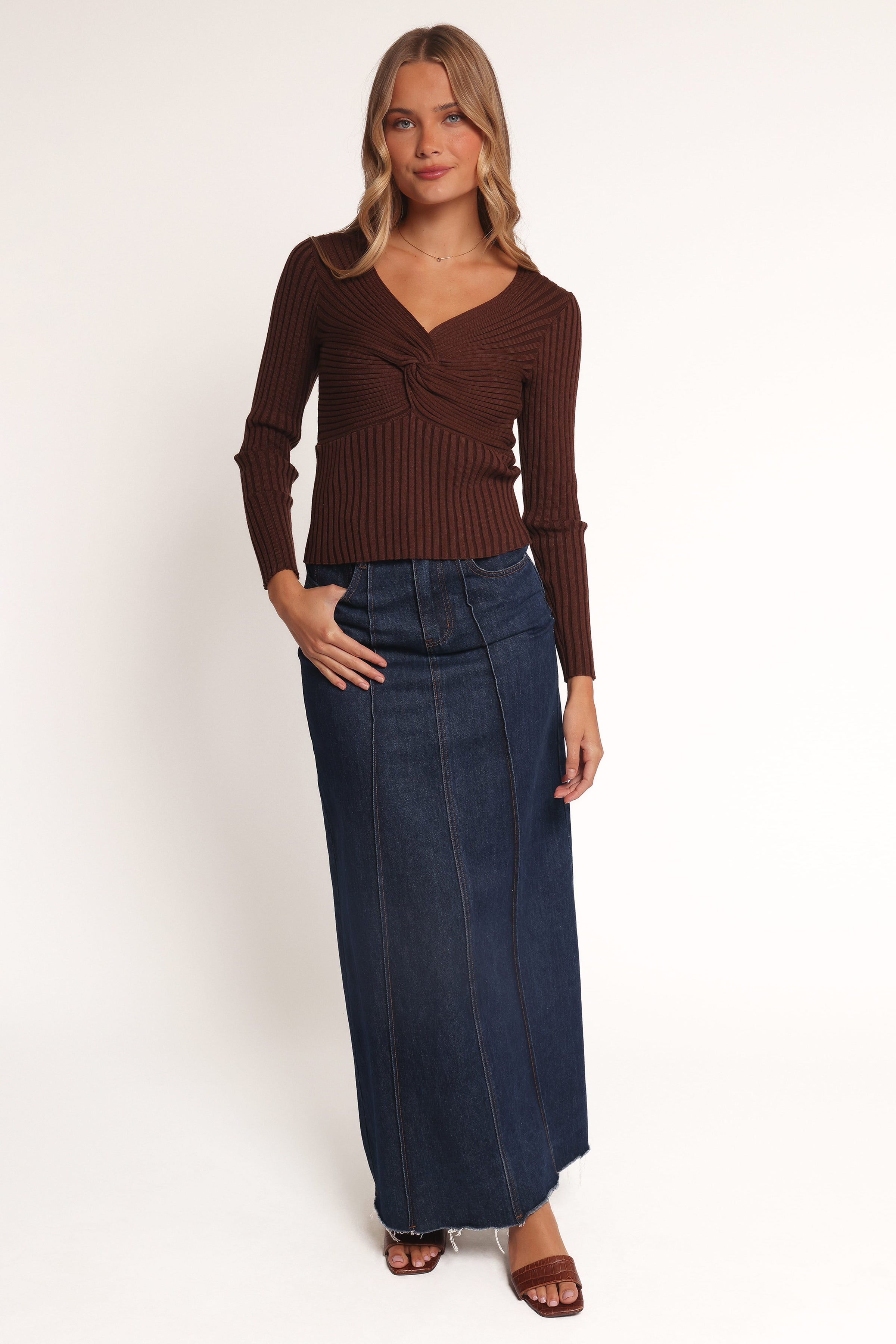 Petal and Pup USA TOPS Demi Twist Detail Knit Top - Brown