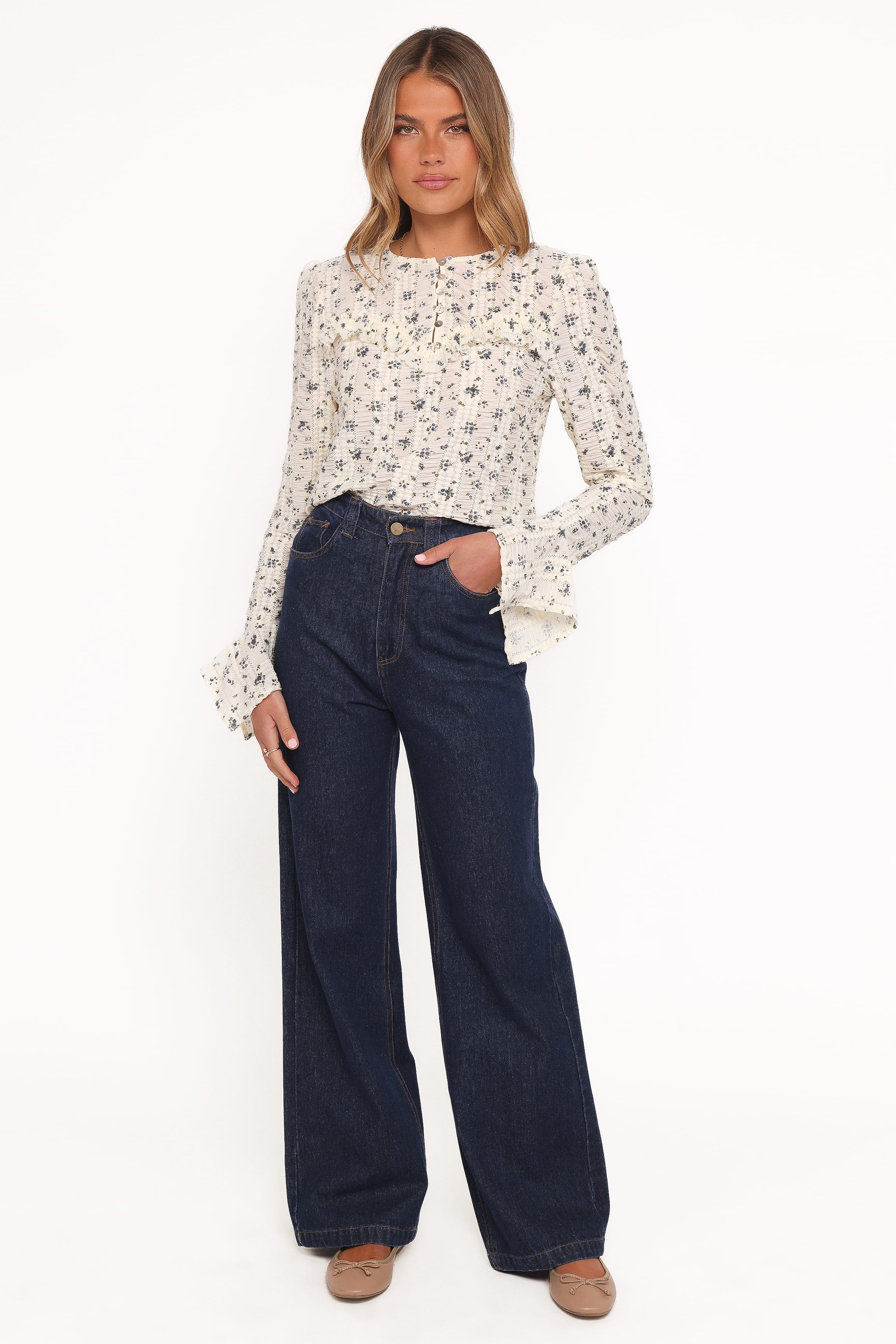 Petal and Pup USA TOPS Eira Textured Ruffle Top - Cream Blue Floral