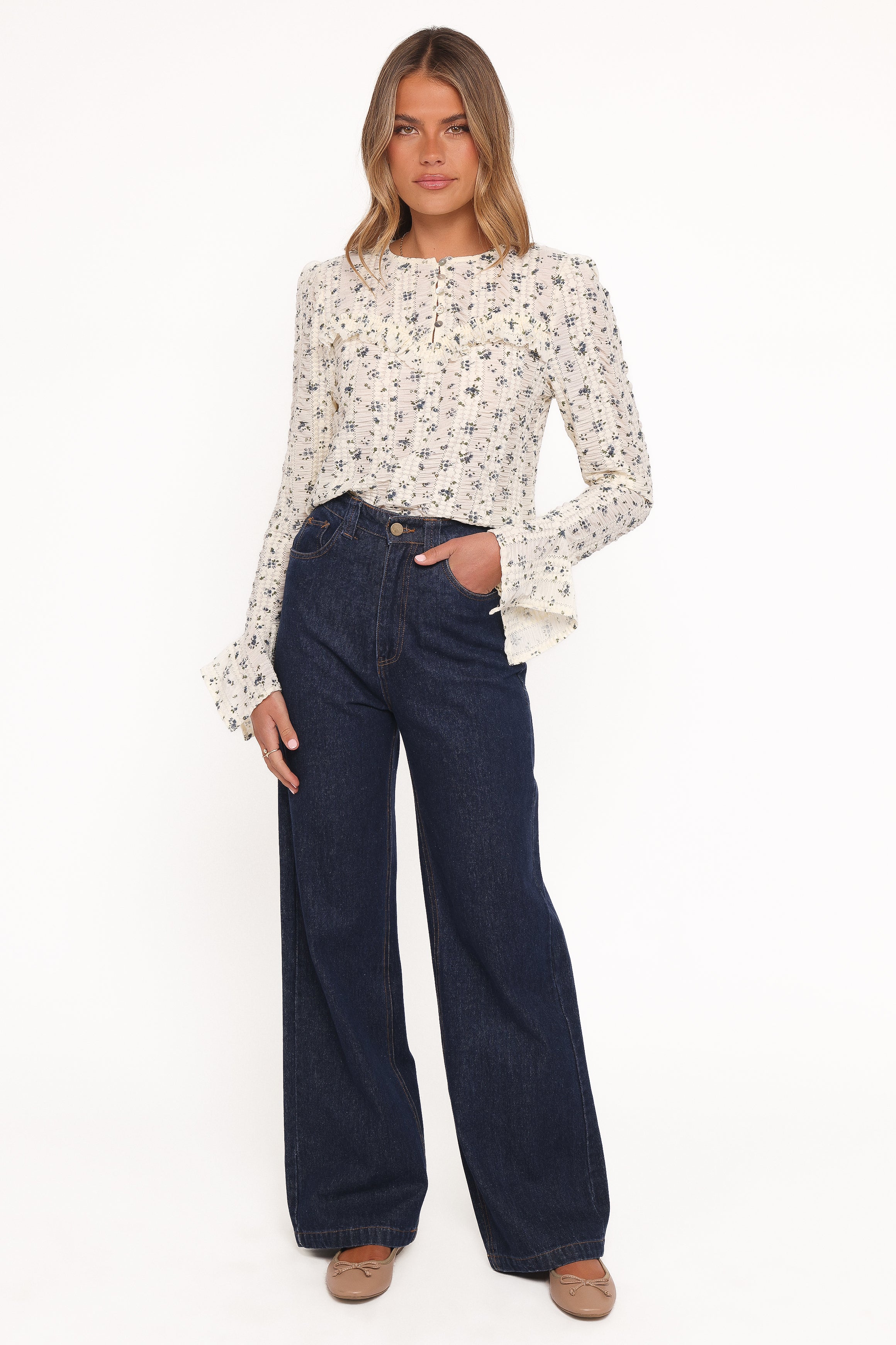 Petal and Pup USA TOPS Eira Textured Ruffle Top - Cream Blue Floral