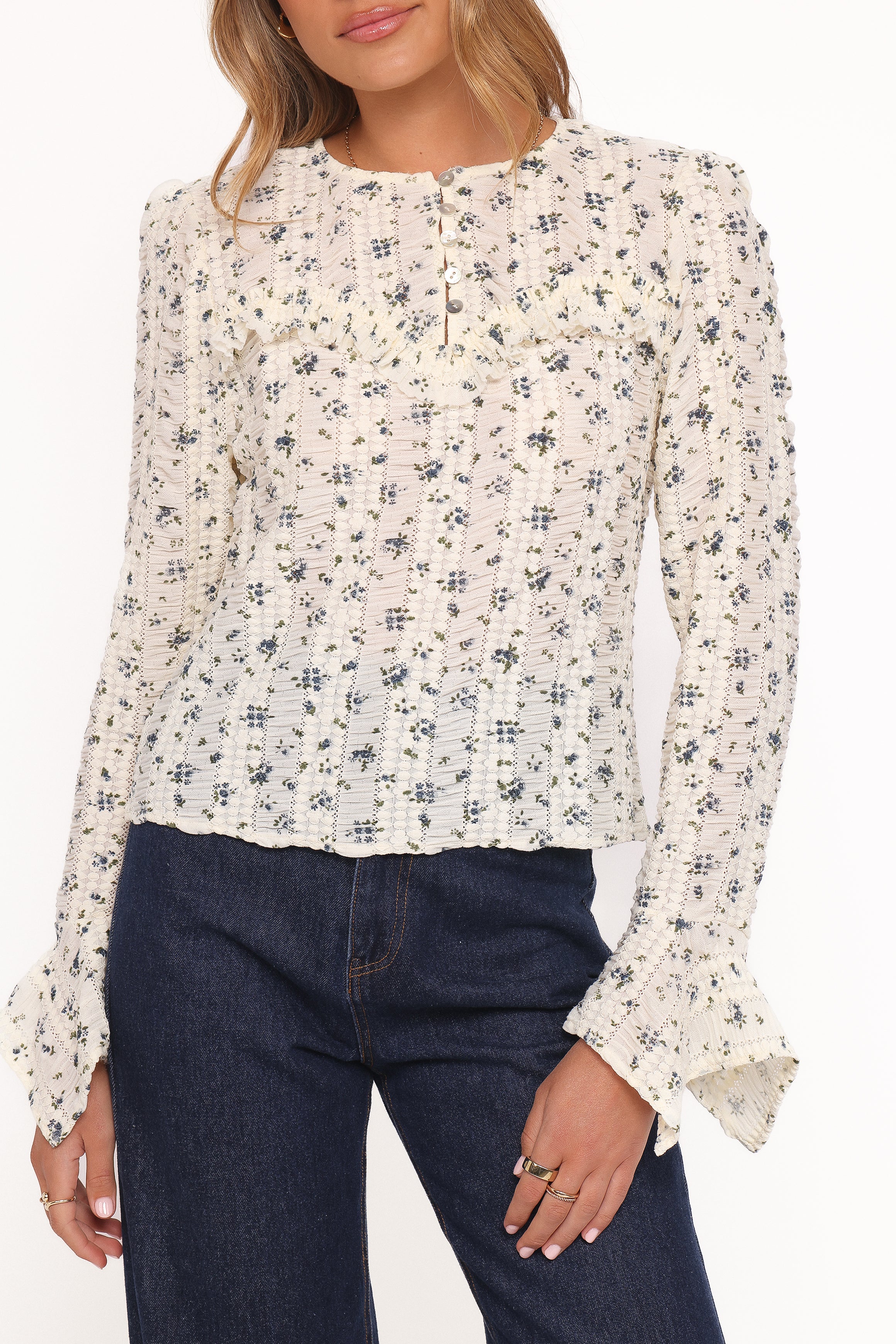 Petal and Pup USA TOPS Eira Textured Ruffle Top - Cream Blue Floral
