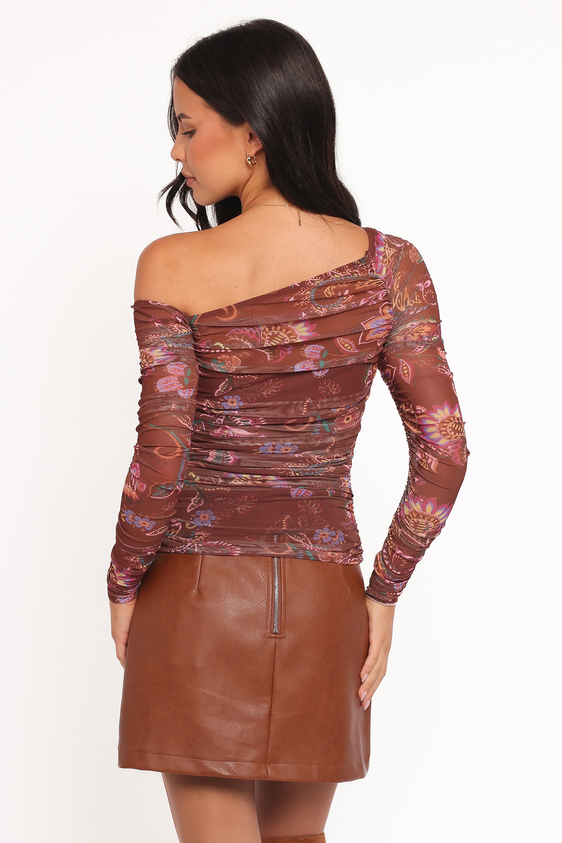 Petal and Pup USA TOPS Elfrida Off Shoulder Mesh Top - Brown Floral