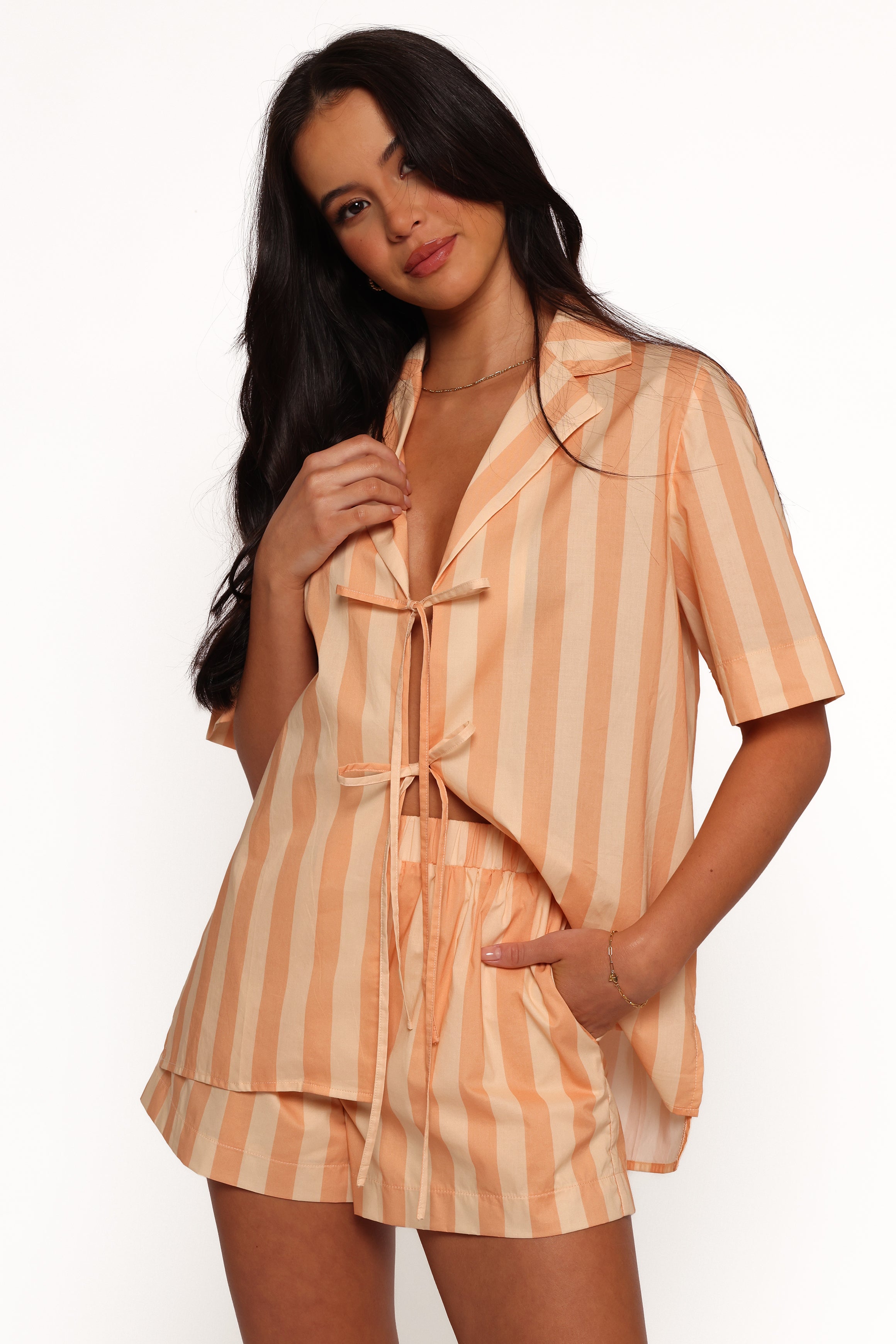 Petal and Pup USA TOPS Essie Tie Front Shirt - Terracotta Stripe (Hold for Amazon)