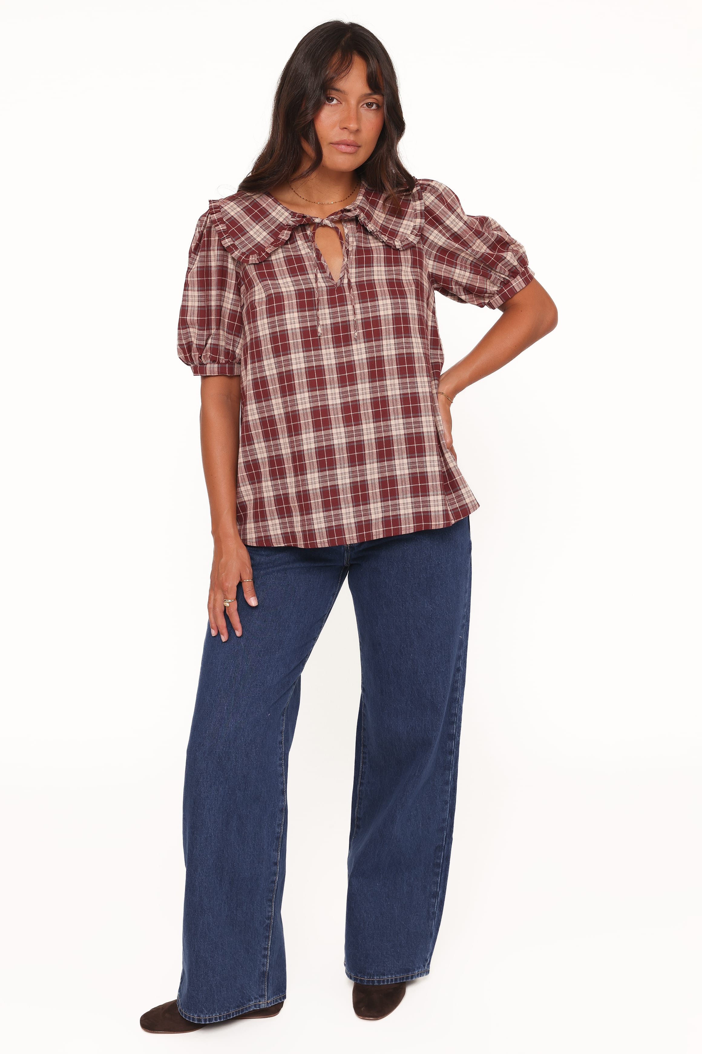 Petal and Pup USA TOPS Evandri Frill Collar Top - Burgundy Plaid