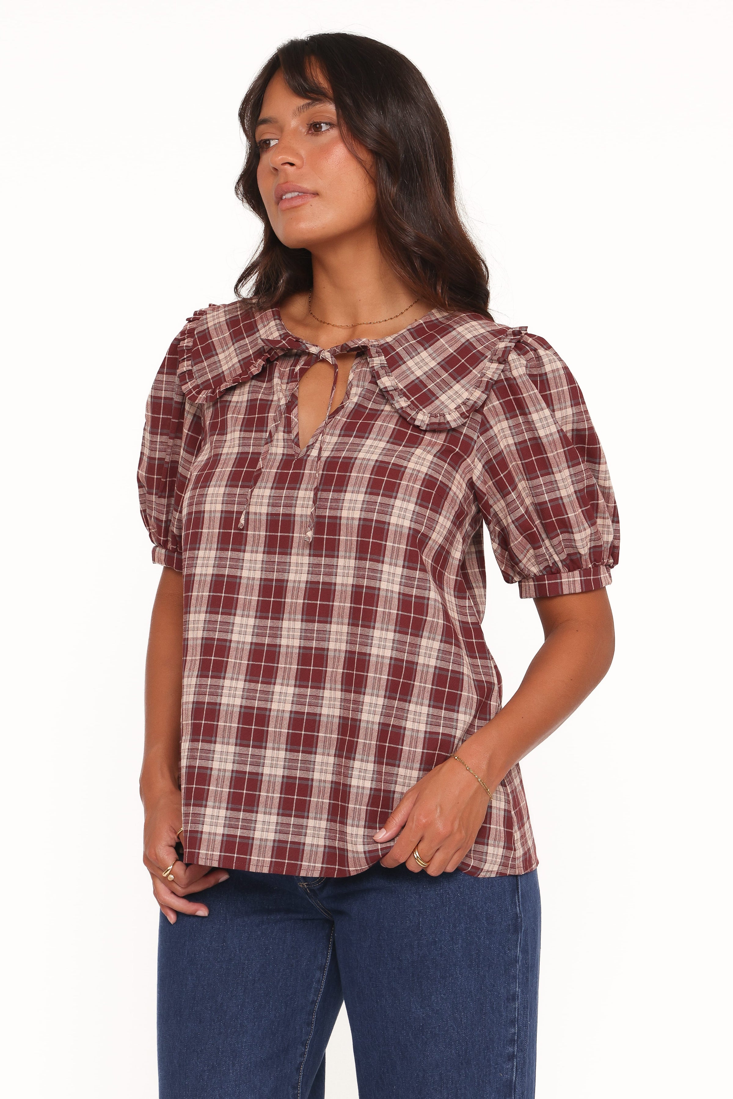 Petal and Pup USA TOPS Evandri Frill Collar Top - Burgundy Plaid
