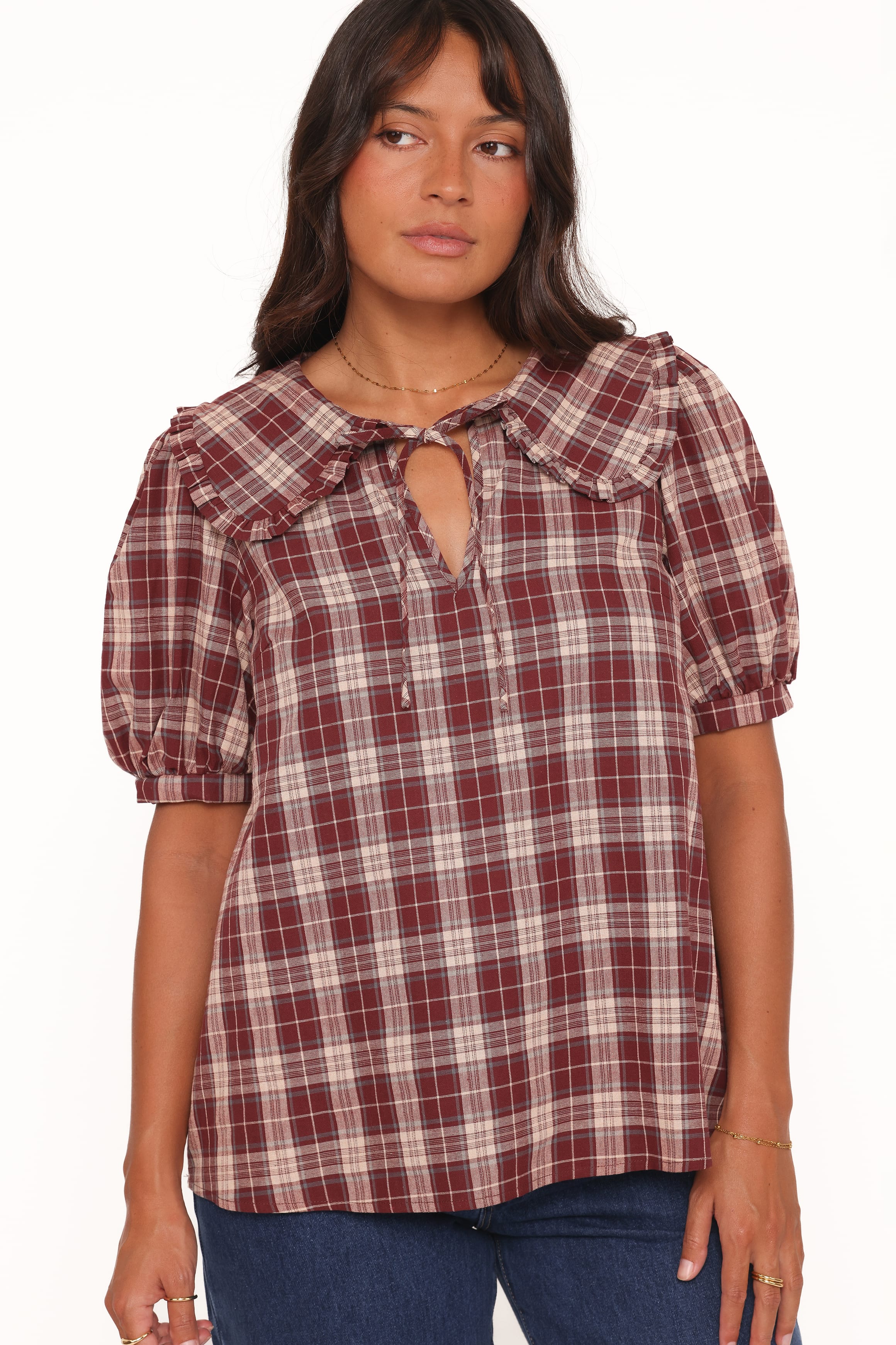 Petal and Pup USA TOPS Evandri Frill Collar Top - Burgundy Plaid
