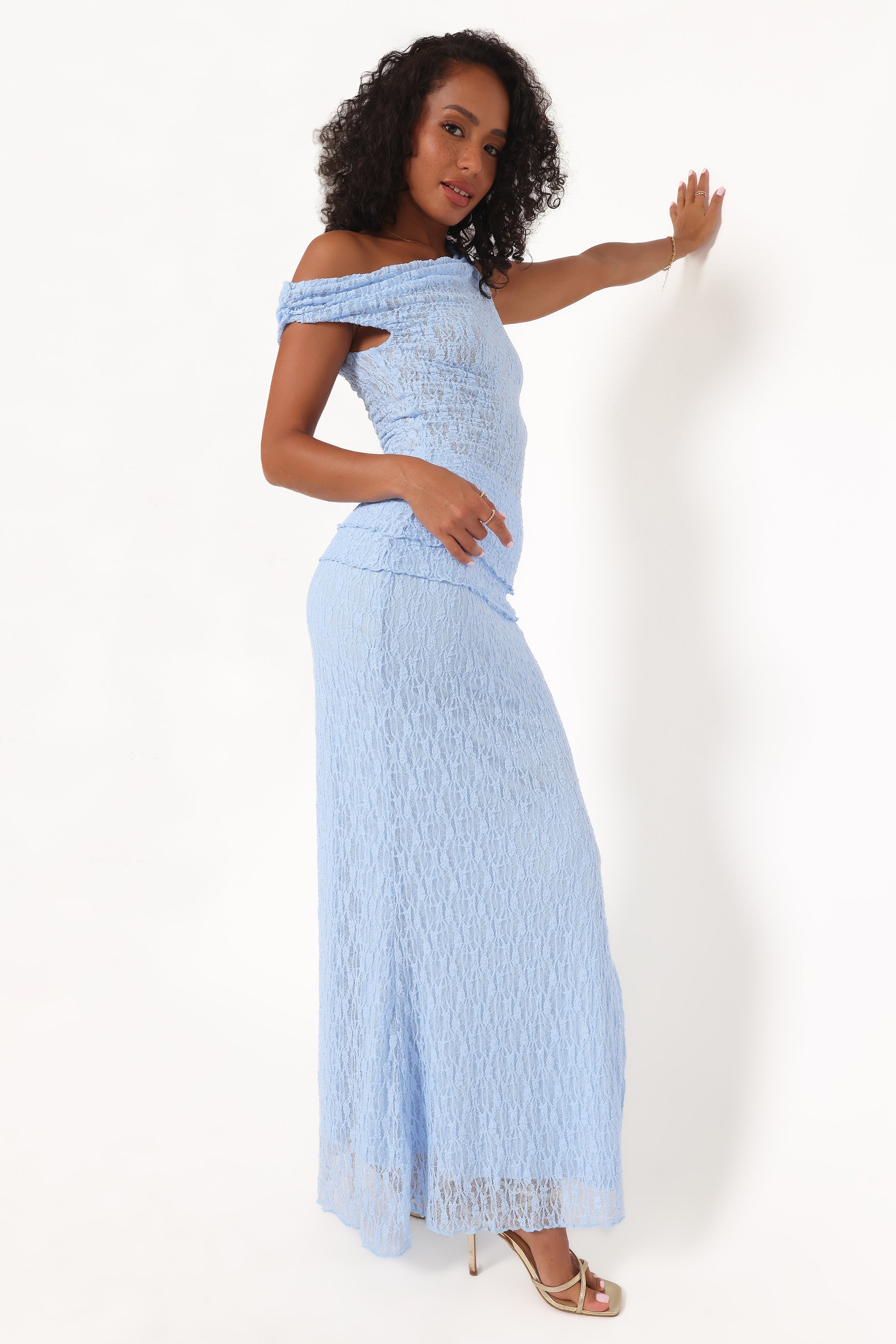 Petal and Pup USA TOPS Faeriel Off Shoulder Lace Knit Top - Blue