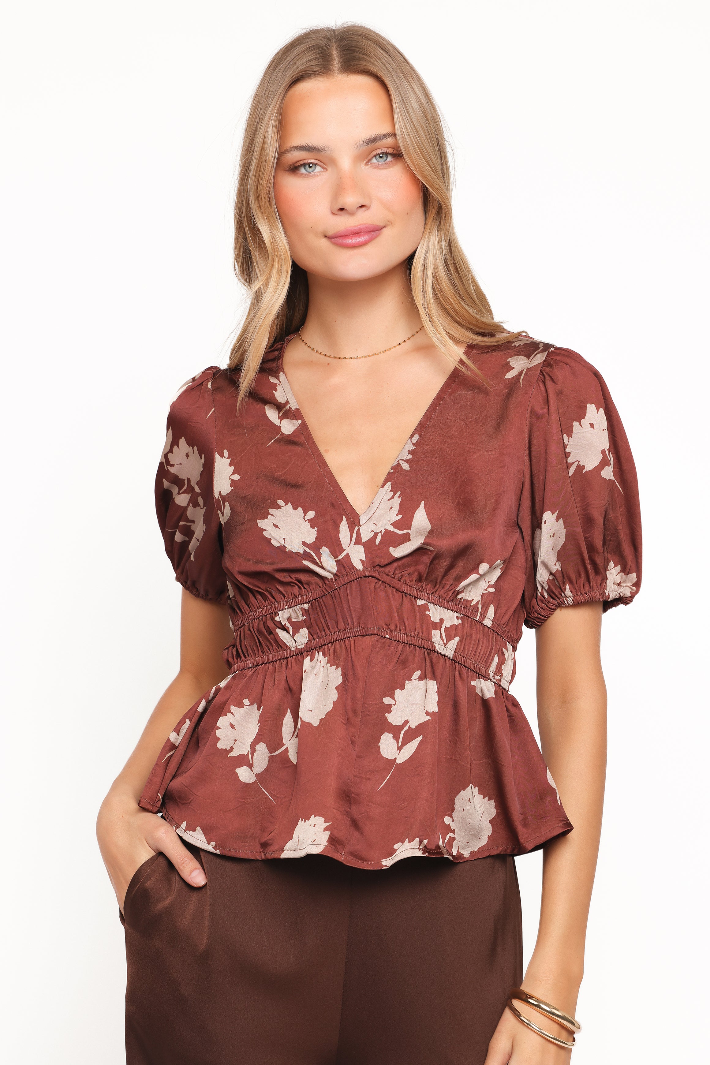 Petal and Pup USA TOPS Griffin Peplum Blouse - Brown Floral