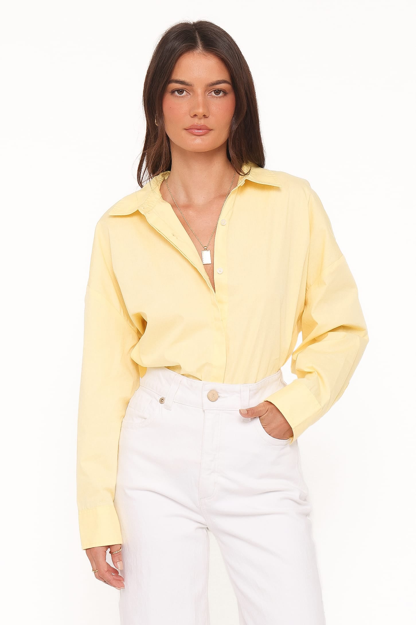 yellow dress shirt womens Petal & Pup Women's Inez Scallop Back Detail Cotton Button-Up - Women's Size:Euro 41 = US 9.75 Sophisticated Formal Mother of it ensures maximum comfort _okendo:syndication_key:CL137372100
