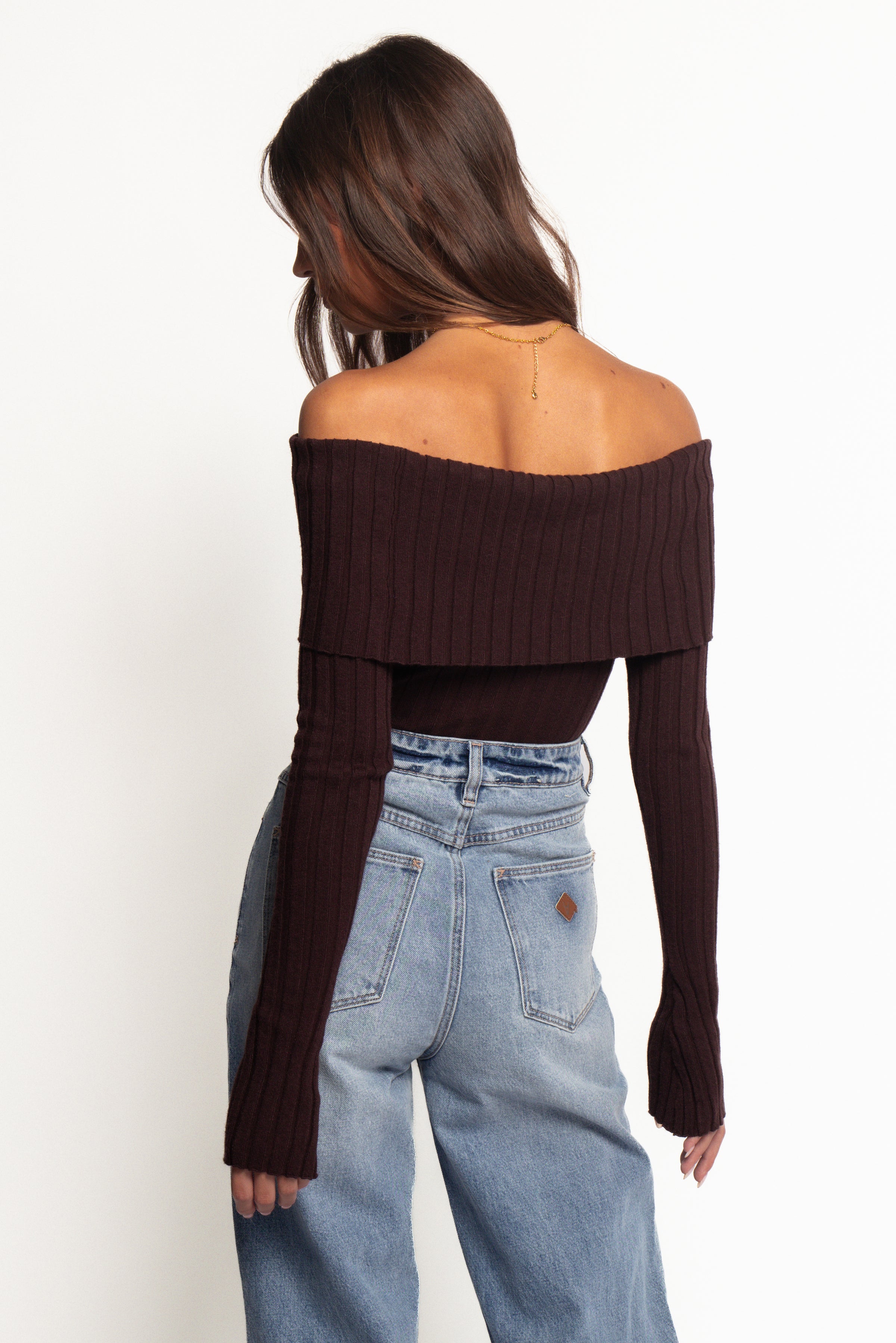 Petal and Pup USA TOPS Inora Off Shoulder Knit Top - Chocolate