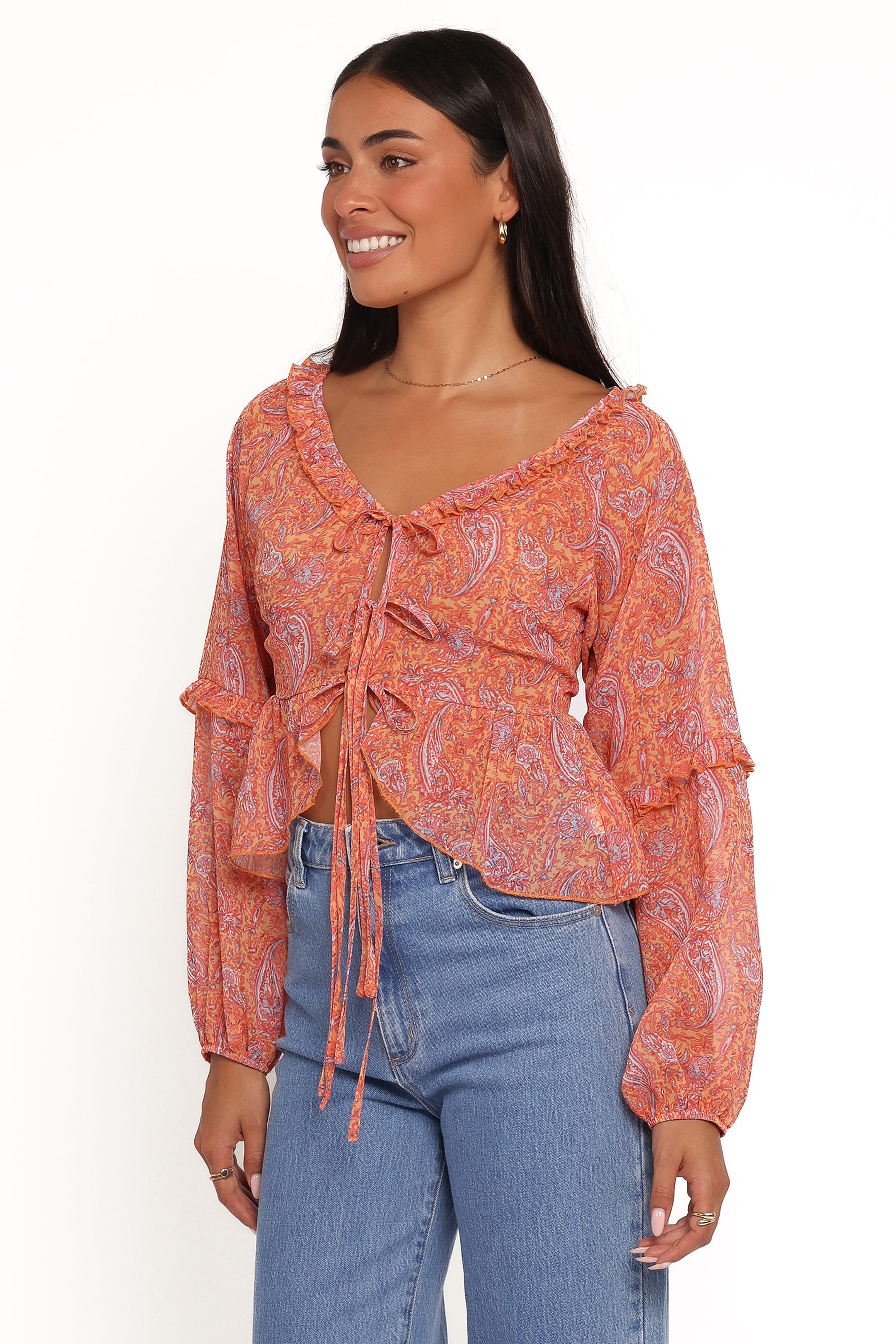 Petal and Pup USA TOPS Isolt Tie Front Top - Orange Paisley