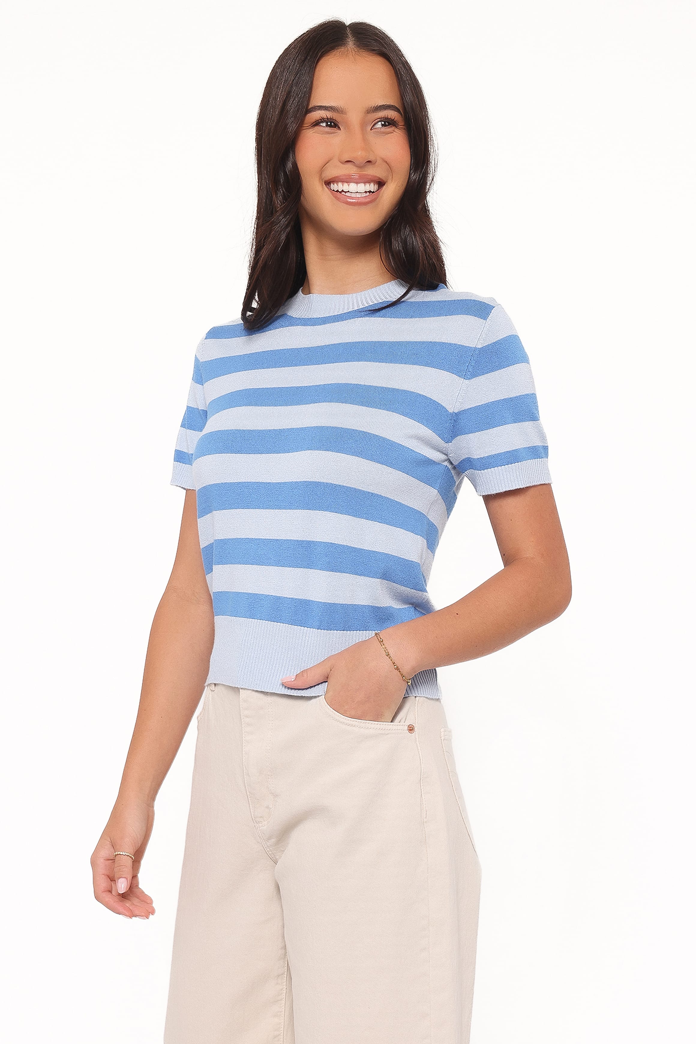 Petal and Pup USA TOPS Joss Cropped Knitted Tee - Blue Stripe