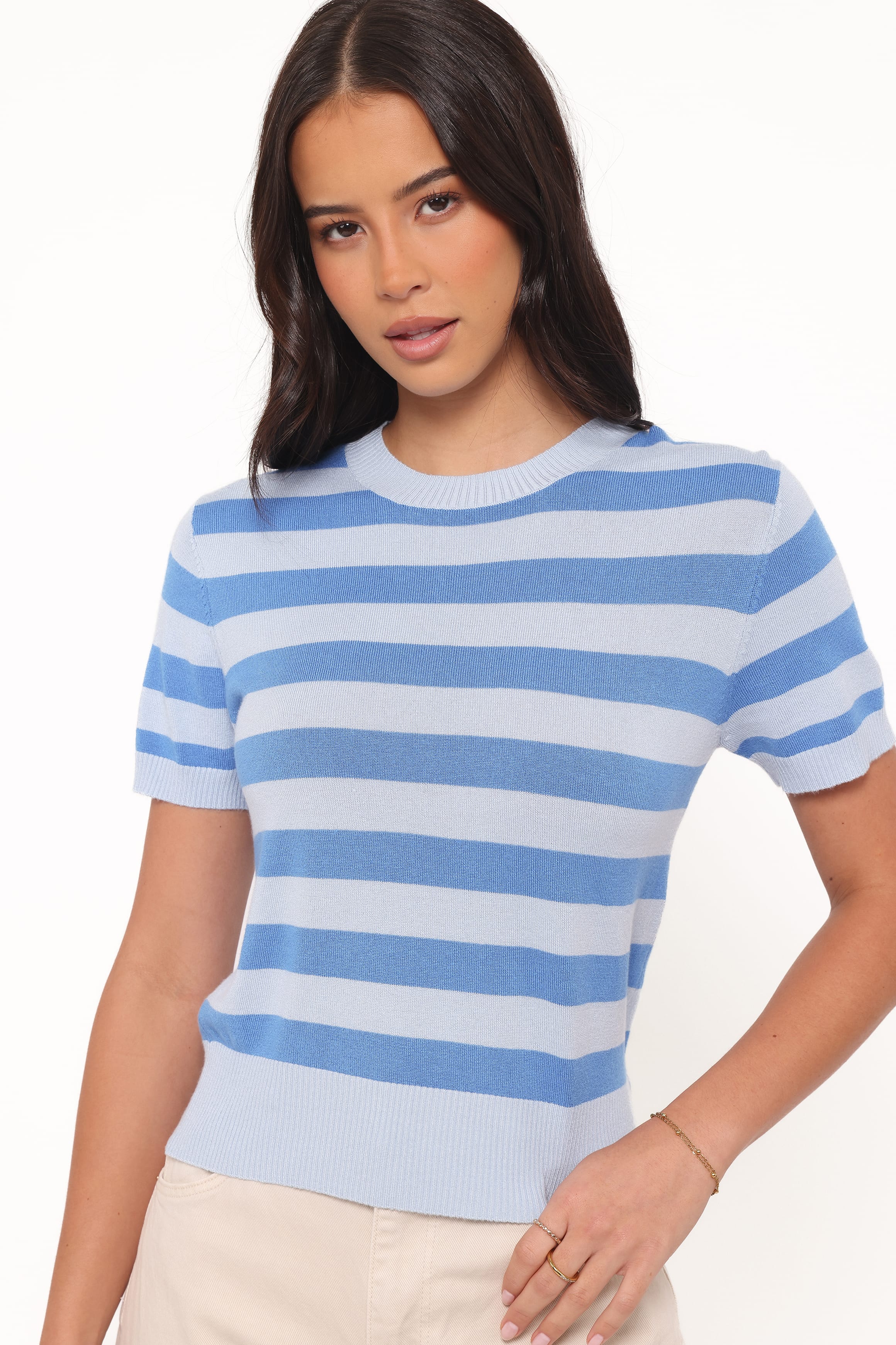 Petal and Pup USA TOPS Joss Cropped Knitted Tee - Blue Stripe