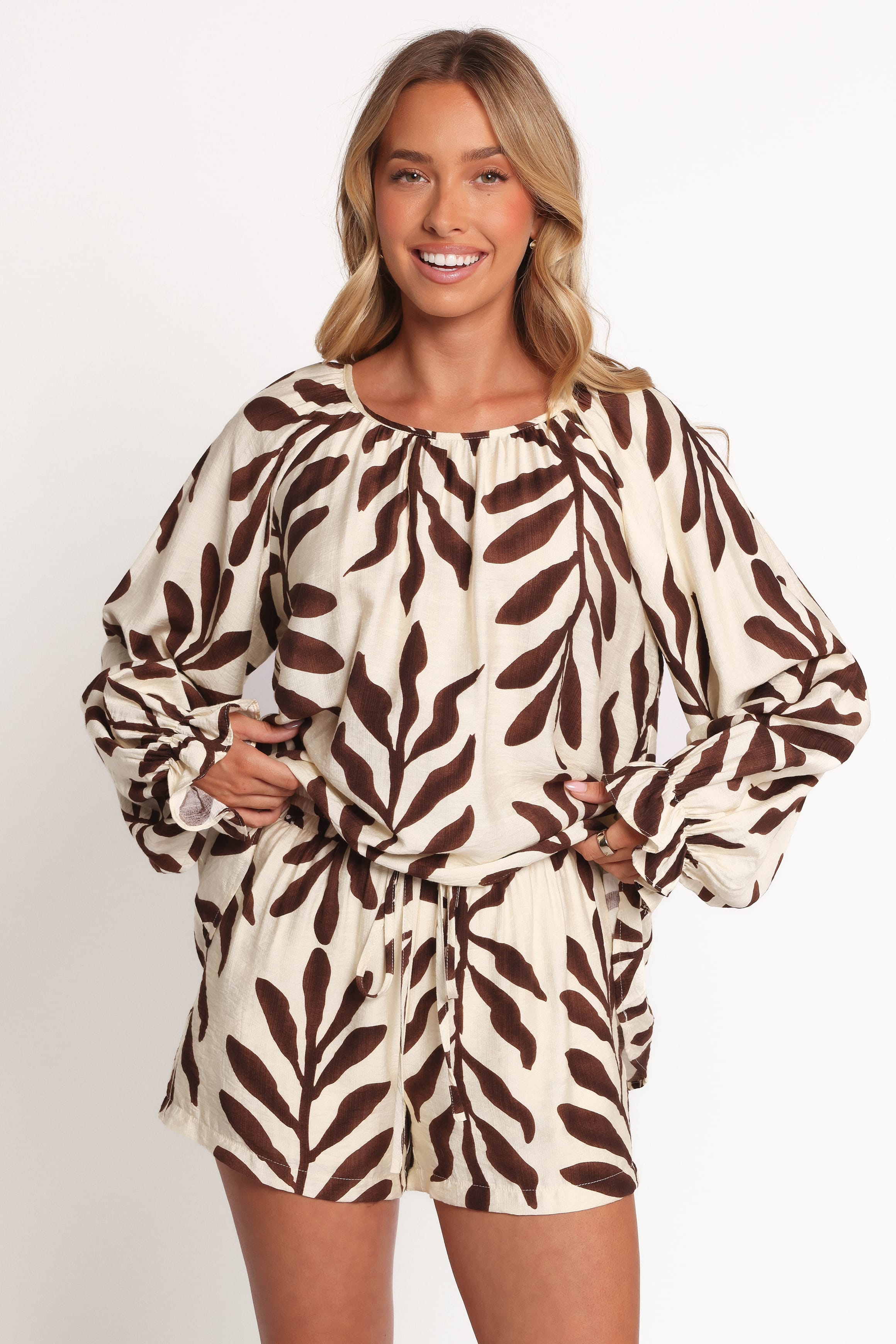 Petal and Pup USA TOPS July Long Sleeve Smock Top - Brown Palm