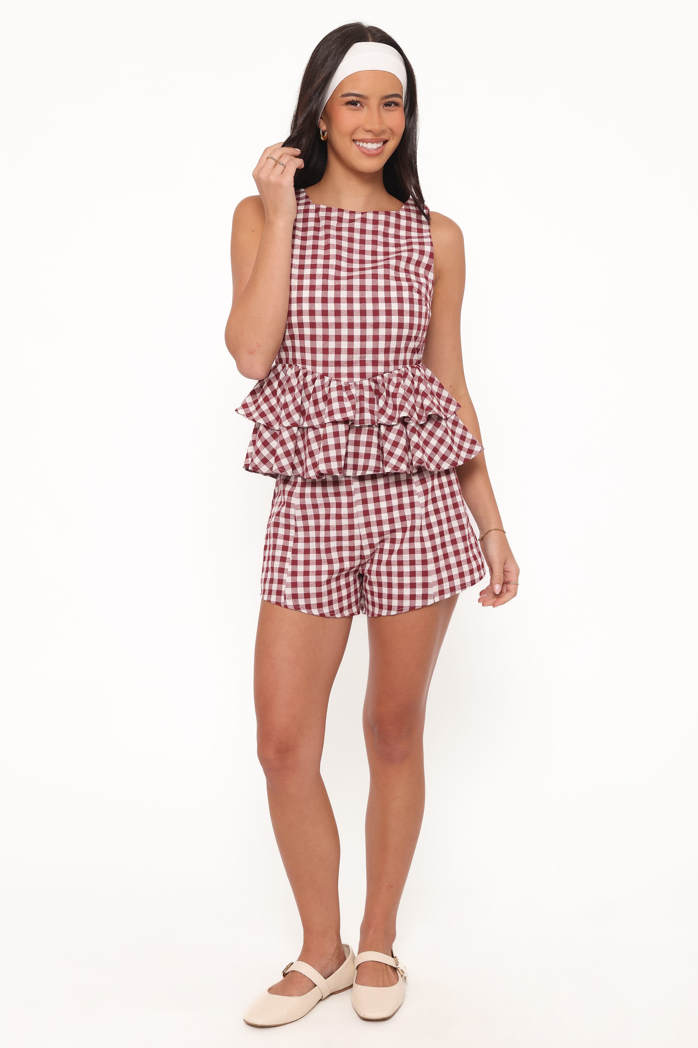Petal and Pup USA TOPS Landon Tiered Peplum Top - Burgundy Gingham
