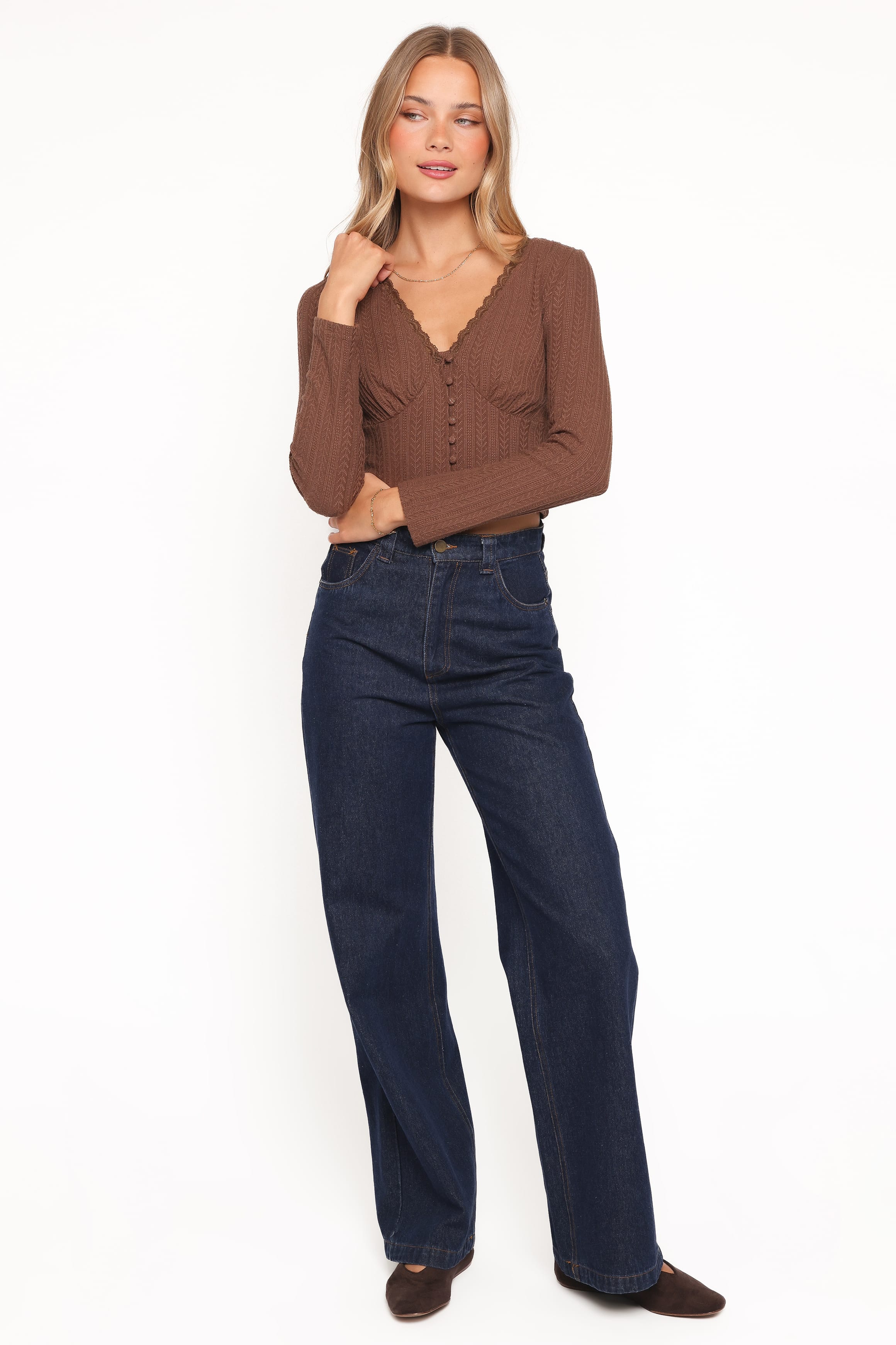 Petal and Pup USA TOPS Leslie Long Sleeve Textured Button Front Top - Chocolate